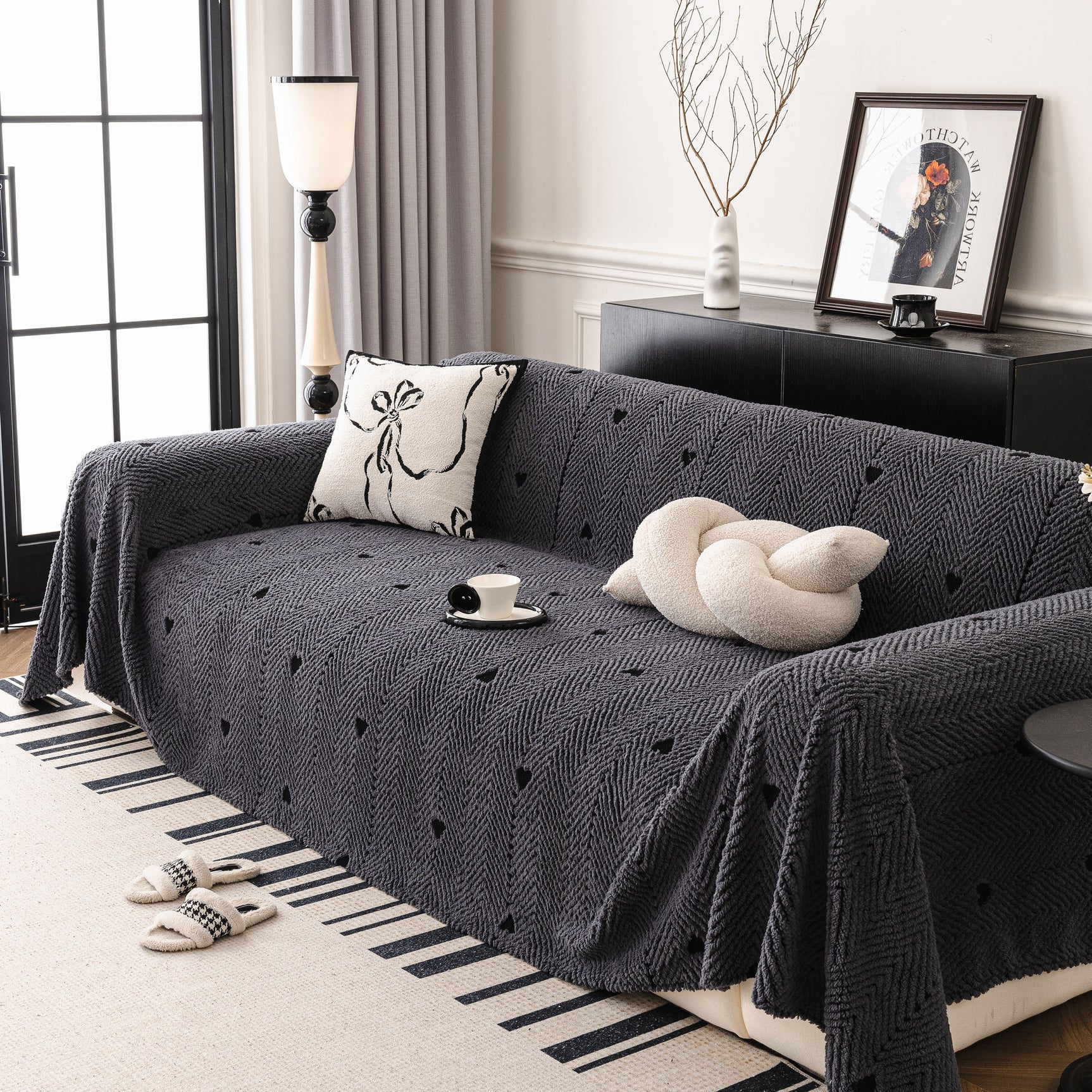 Thick Plush Sofa Cover Throw for Couch, 3D Textured Herringbone Washable Slipcover - Ornate Home