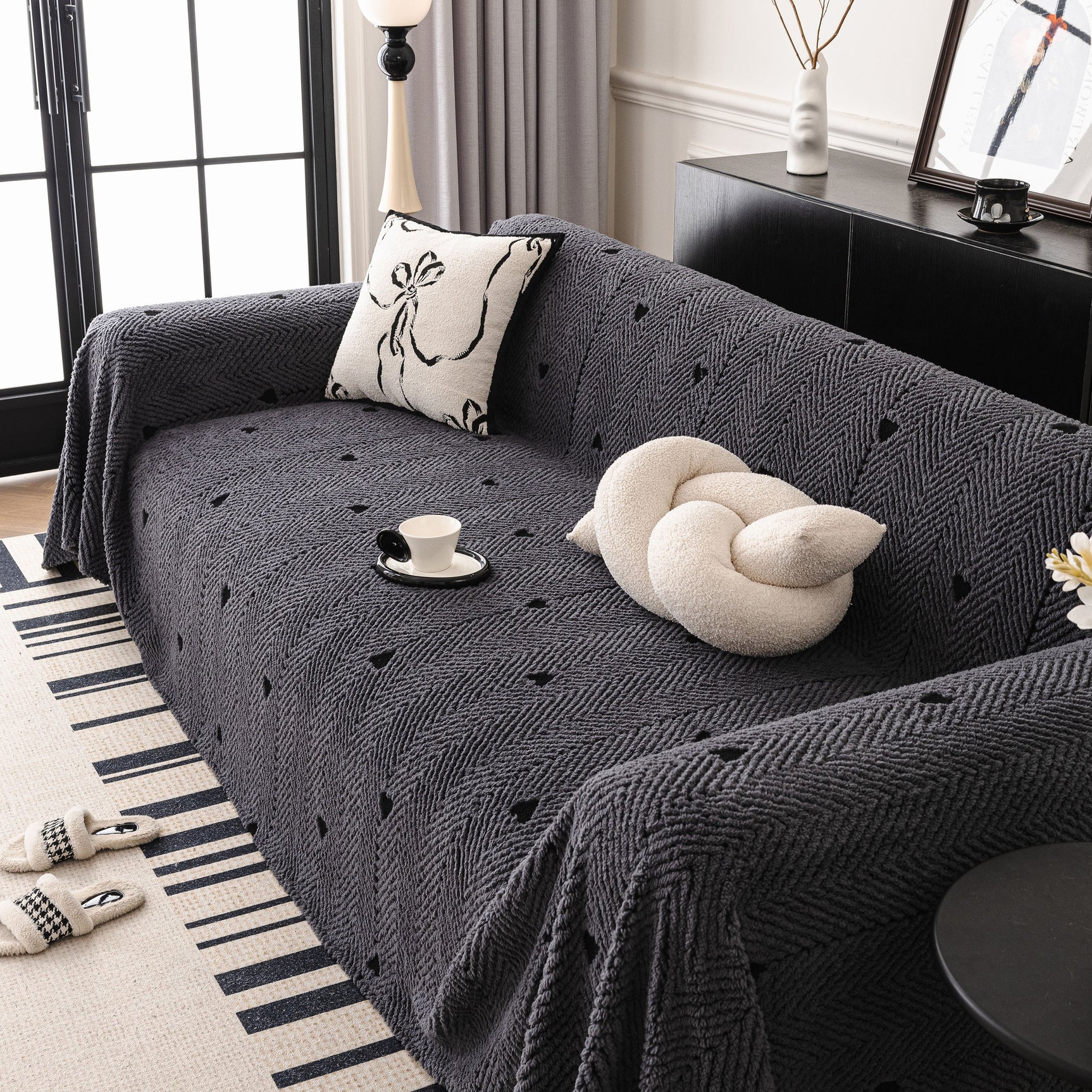 Thick Plush Sofa Cover Throw for Couch, 3D Textured Herringbone Washable Slipcover - Ornate Home