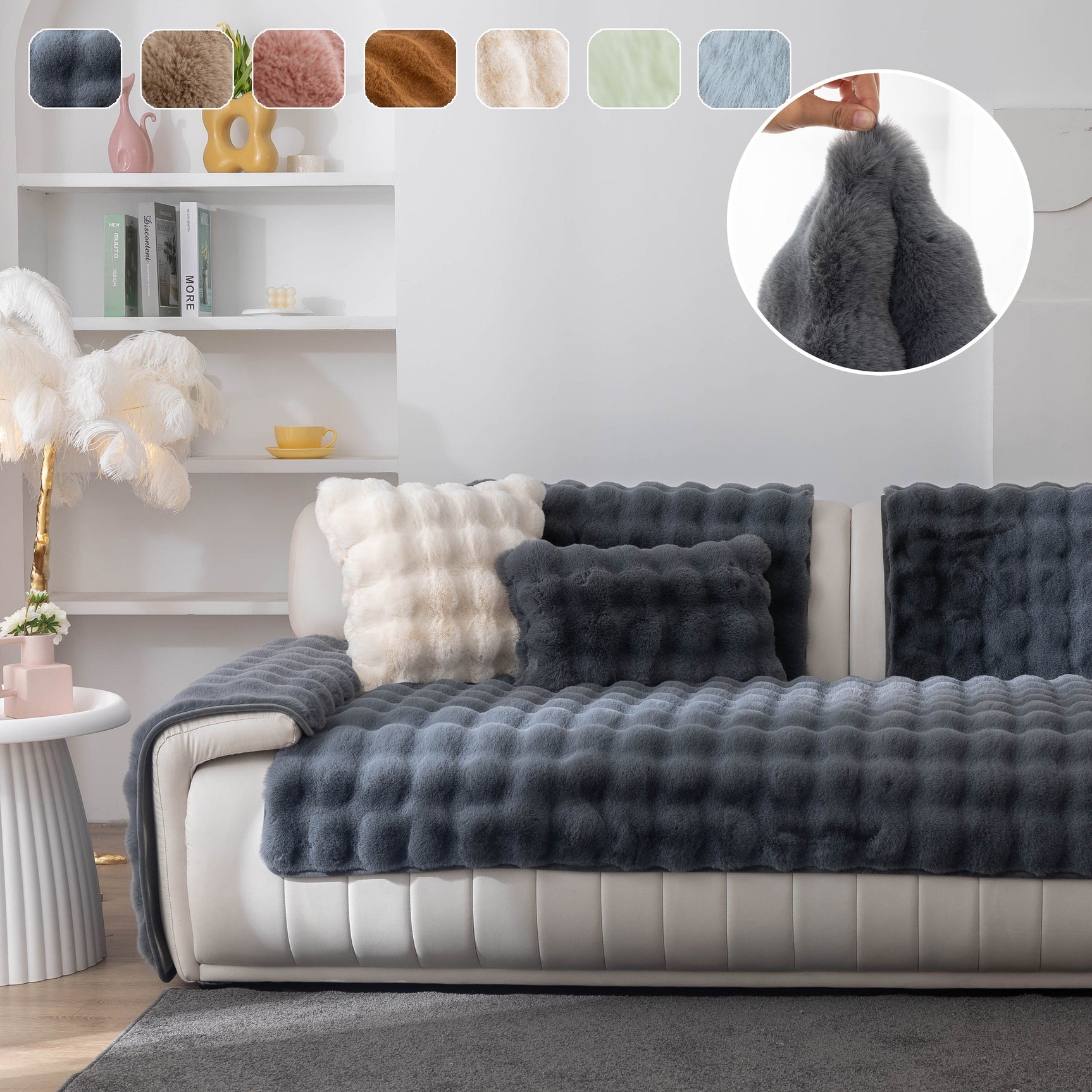 Thick Sofa Cushion Solid Color Faux Fur Fluffy Sofa Cushion Non-Slip Couch Covers - Ornate Home