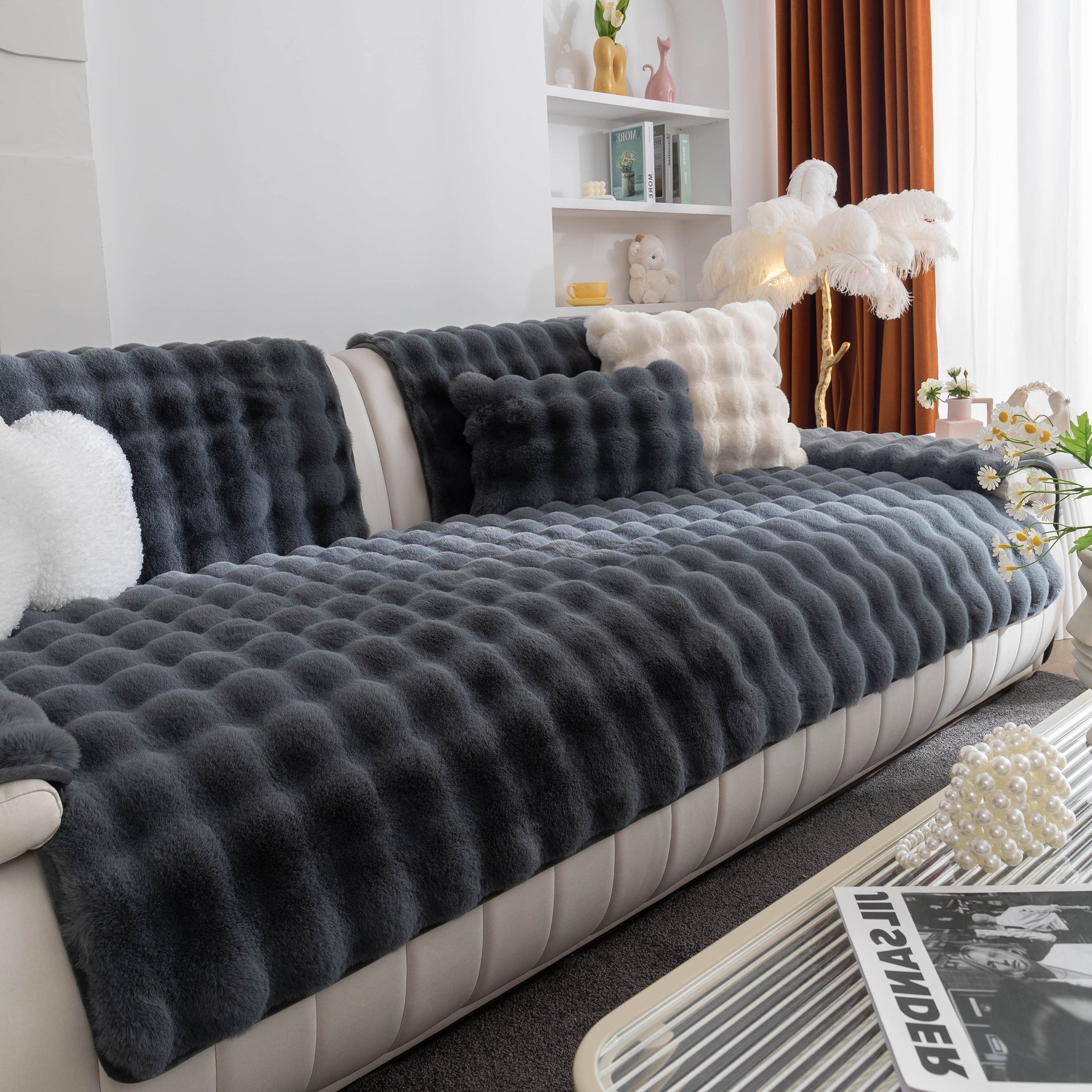 Thick Sofa Cushion Solid Color Faux Fur Fluffy Sofa Cushion Non-Slip Couch Covers - Ornate Home