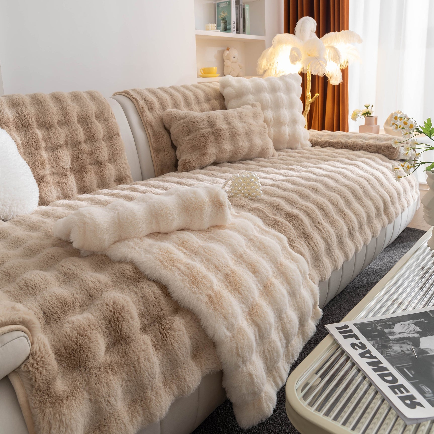 Thick Sofa Cushion Solid Color Faux Fur Fluffy Sofa Cushion Non-Slip Couch Covers - Ornate Home