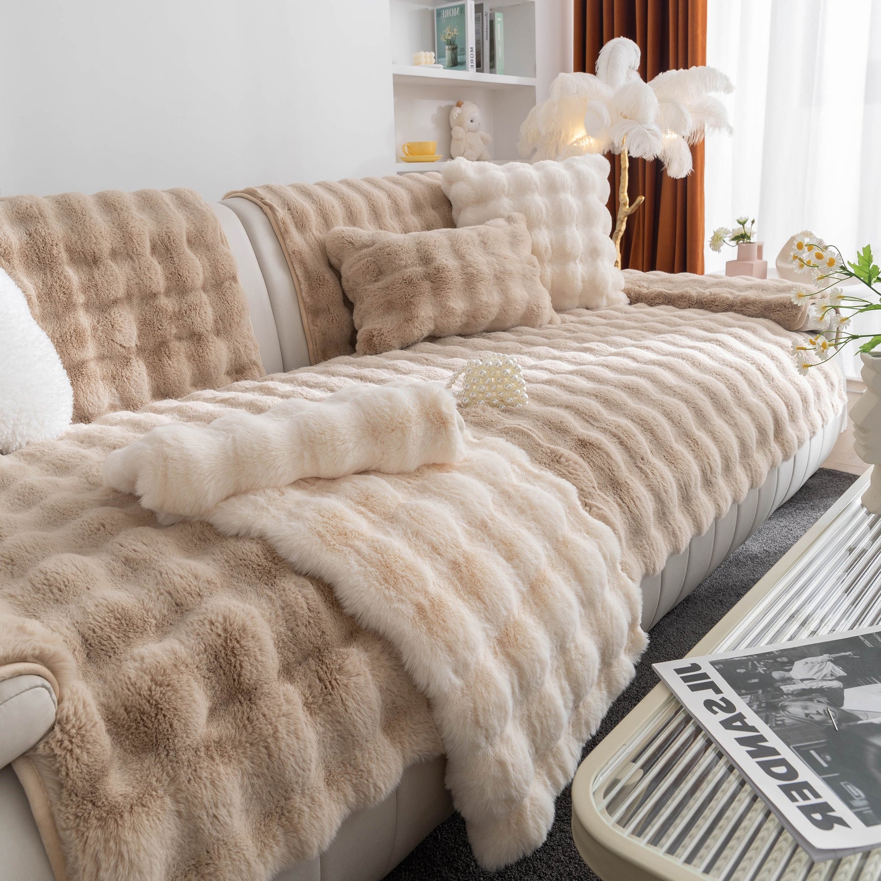 Thick Sofa Cushion Solid Color Faux Fur Fluffy Sofa Cushion Non-Slip Couch Covers - Ornate Home