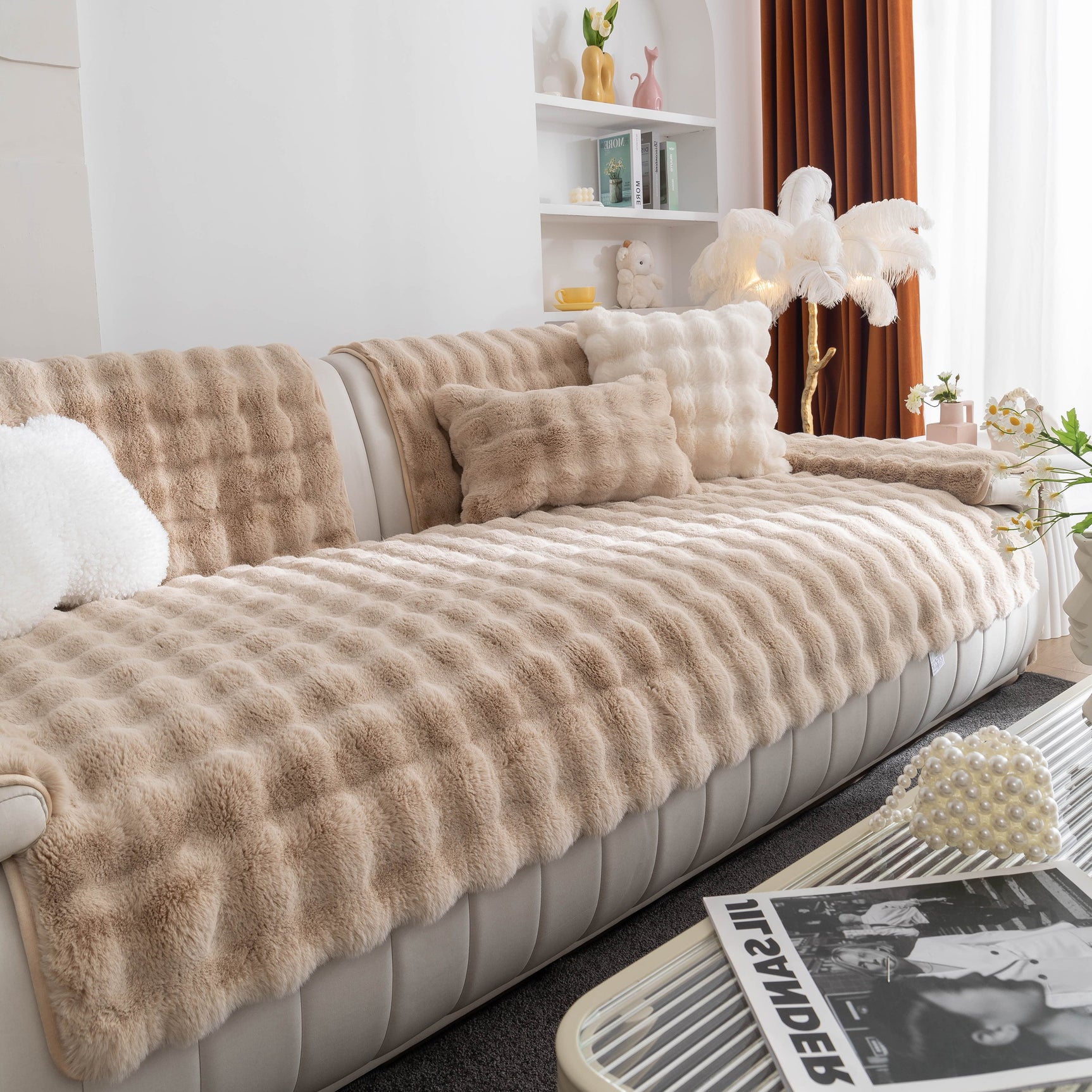 Thick Sofa Cushion Solid Color Faux Fur Fluffy Sofa Cushion Non-Slip Couch Covers - Ornate Home