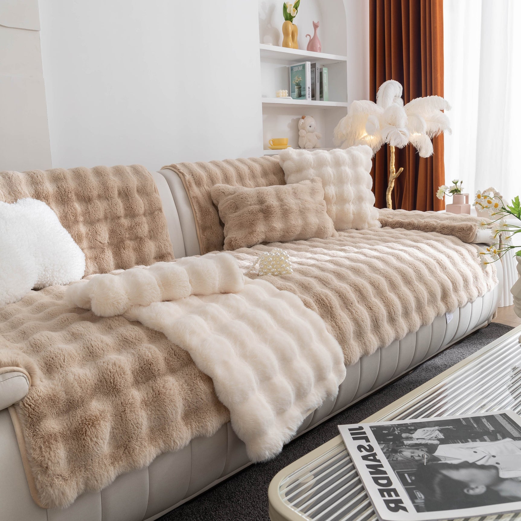 Thick Sofa Cushion Solid Color Faux Fur Fluffy Sofa Cushion Non-Slip Couch Covers - Ornate Home