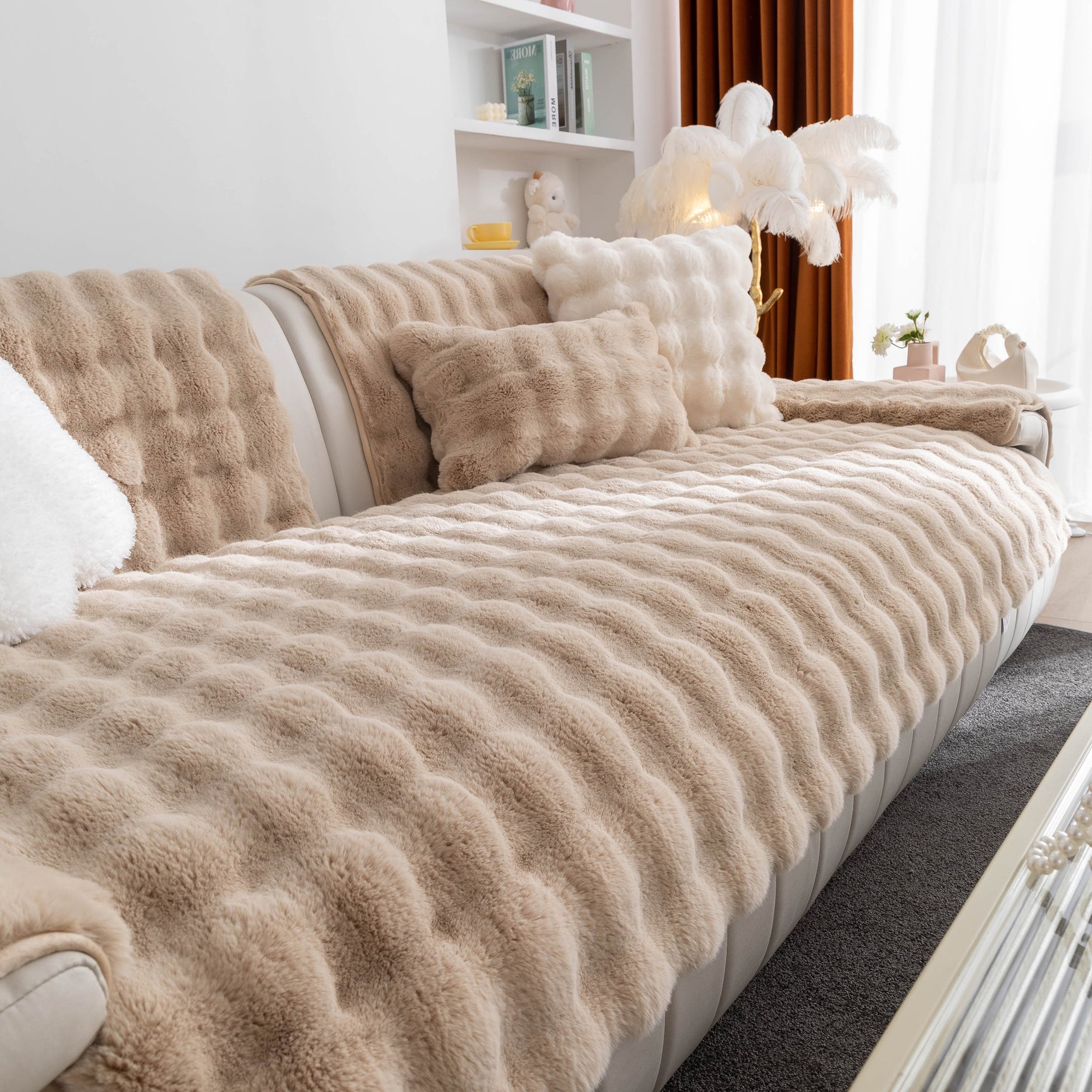 Thick Sofa Cushion Solid Color Faux Fur Fluffy Sofa Cushion Non-Slip Couch Covers - Ornate Home