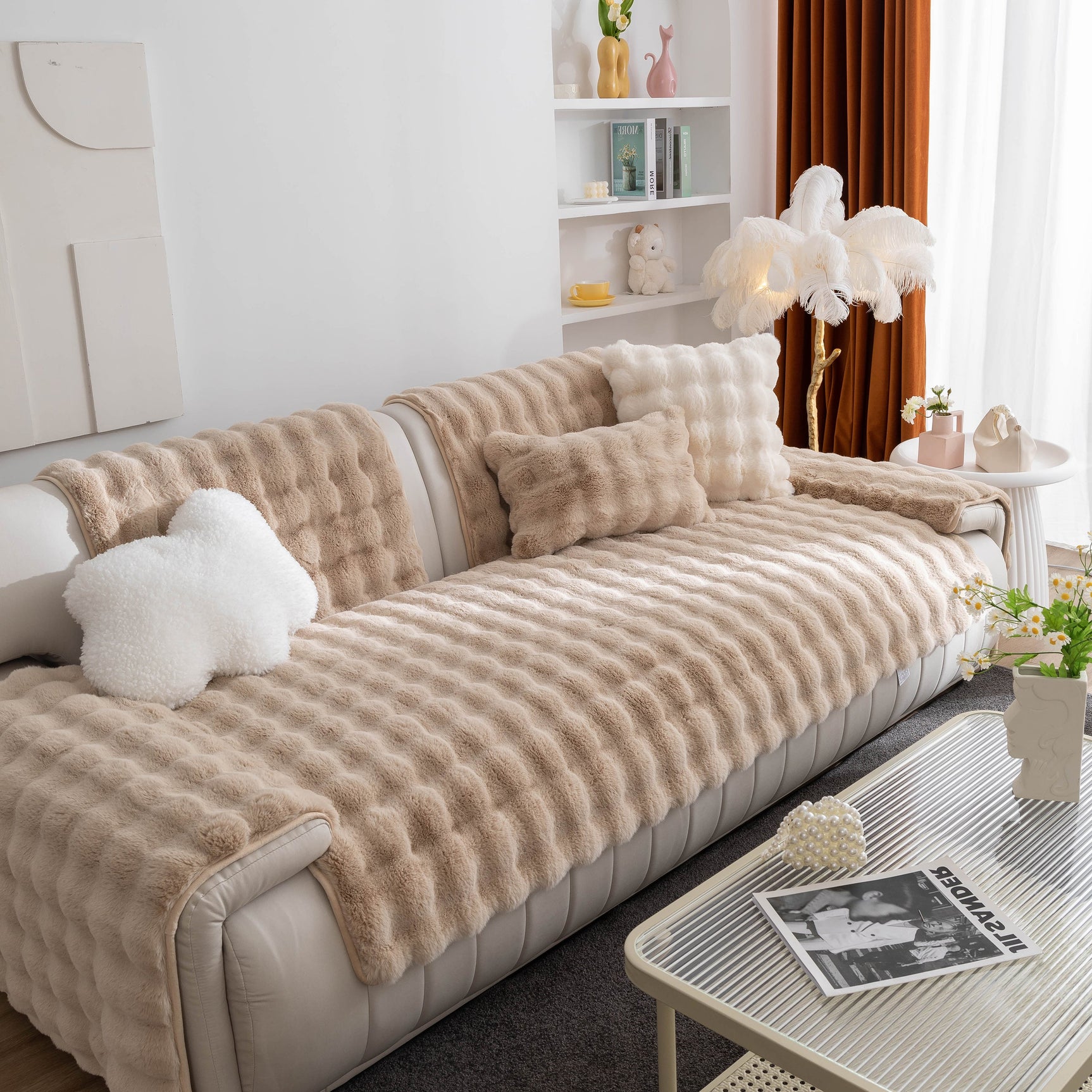 Thick Sofa Cushion Solid Color Faux Fur Fluffy Sofa Cushion Non-Slip Couch Covers - Ornate Home