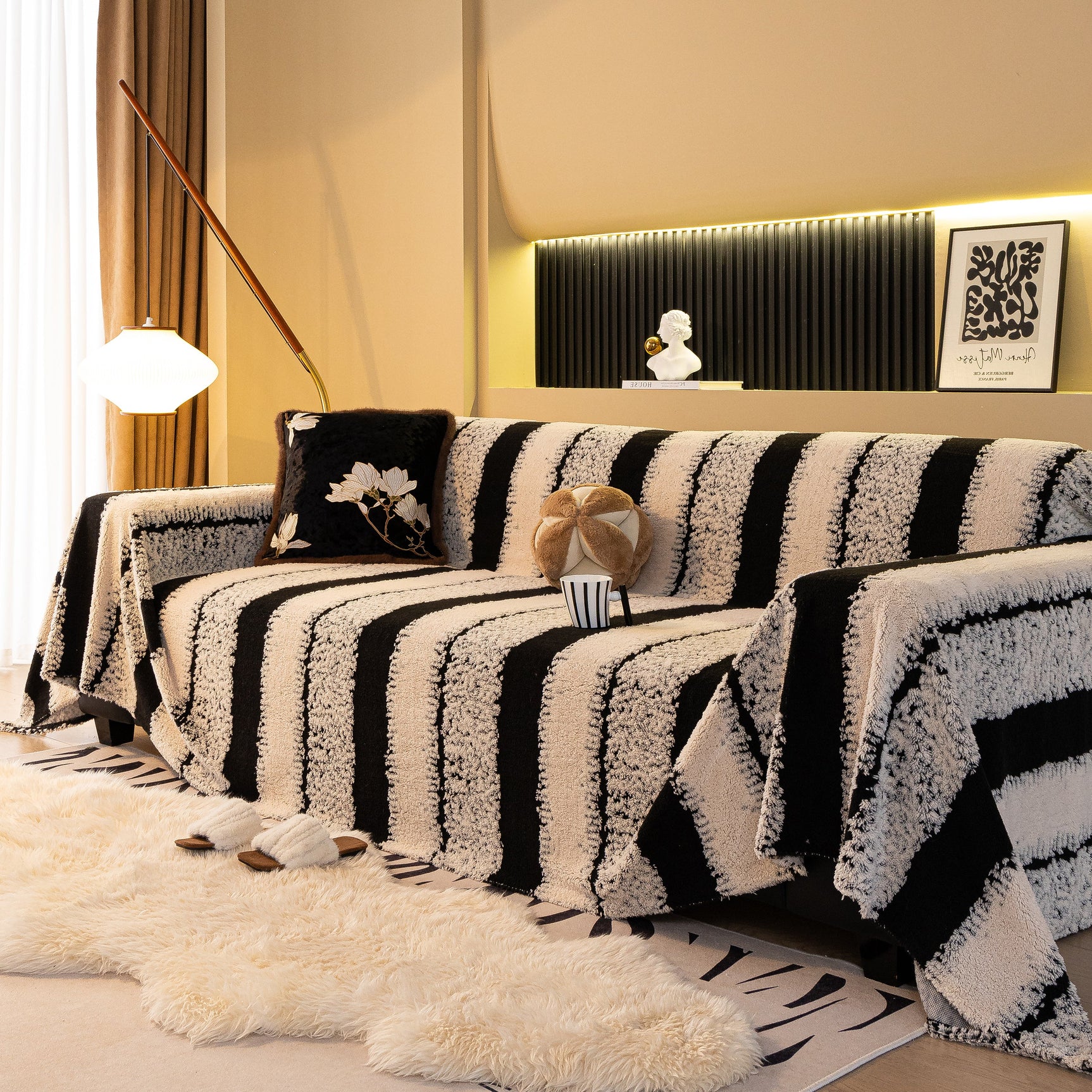 Thickened Coral Fleece Sofa Throw Cover Slipcover Warm Jacquard Cozy Couch Cover Blankets - Ornate Home