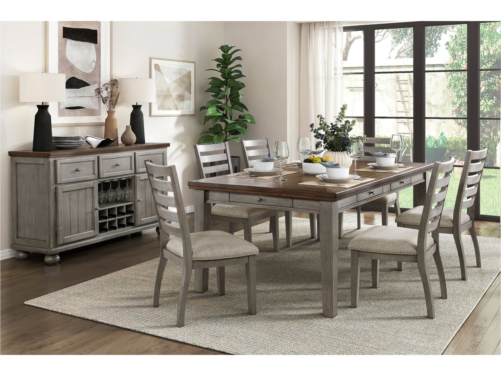 Tigard Cherry/Gray/Beige 7-Piece Dining Table Set - Ornate Home
