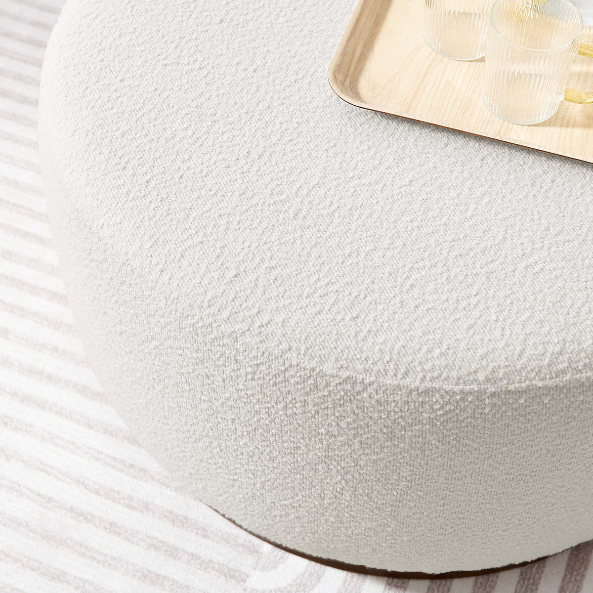 Tilden Cloud/Walnut Large 29" Round Boucle Upholstered Ottoman - Ornate Home
