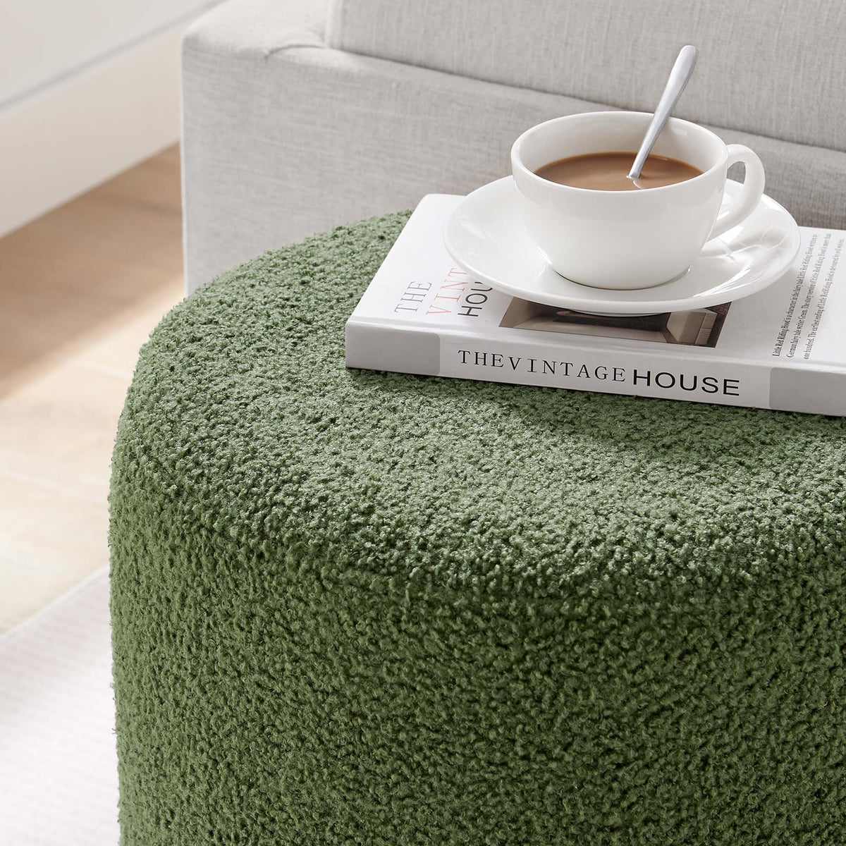 Tilden Moss Green/Natural 16" Round Sherpa Upholstered Ottoman - Ornate Home