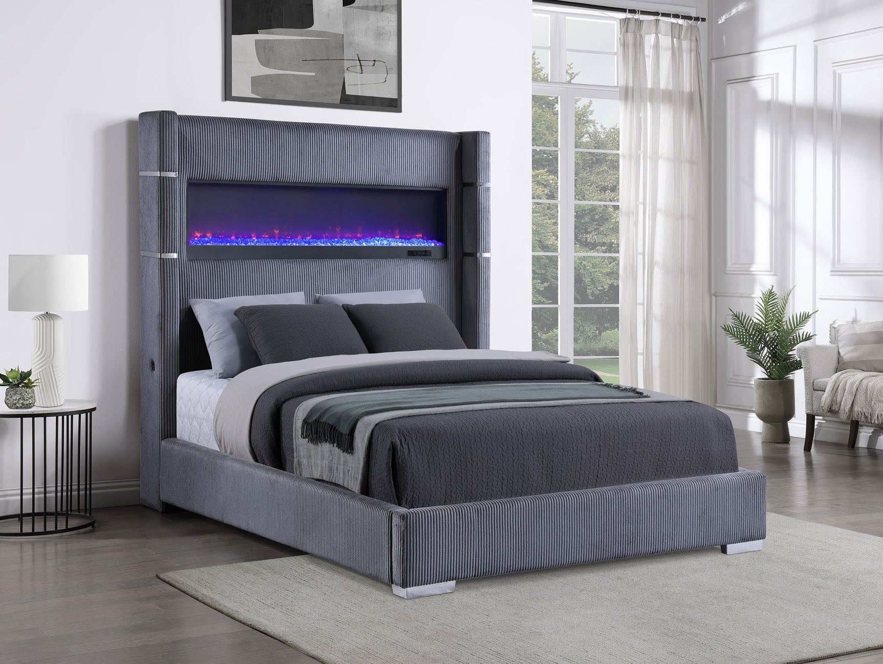 Tisdall Grey California King Upholstered Fireplace Bed - Ornate Home