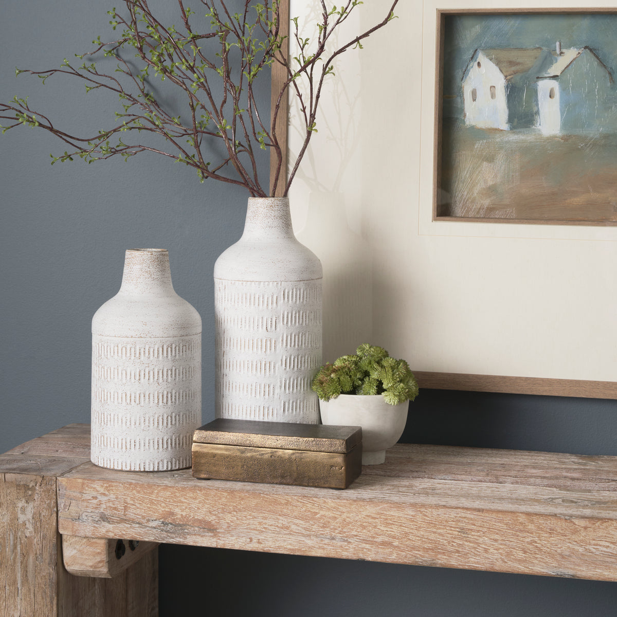 Tisha White Large with Terracotta Distressing Metal Vase - Ornate Home