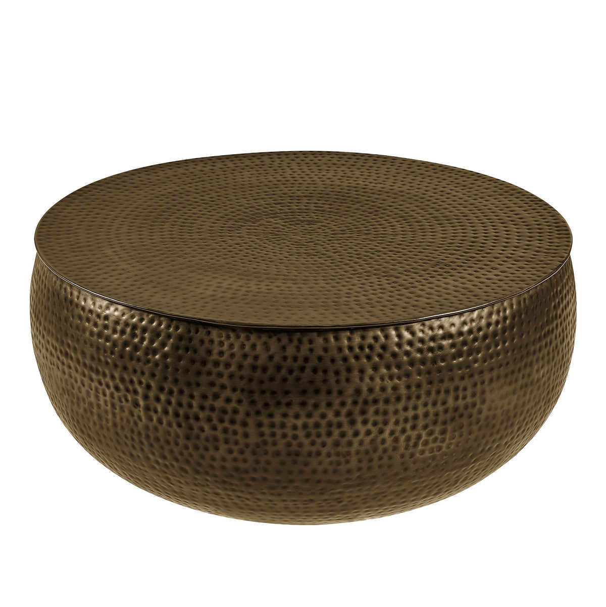 Tobin Antique Brass 35 Inch Hammered Metal Round Drum Coffee Table