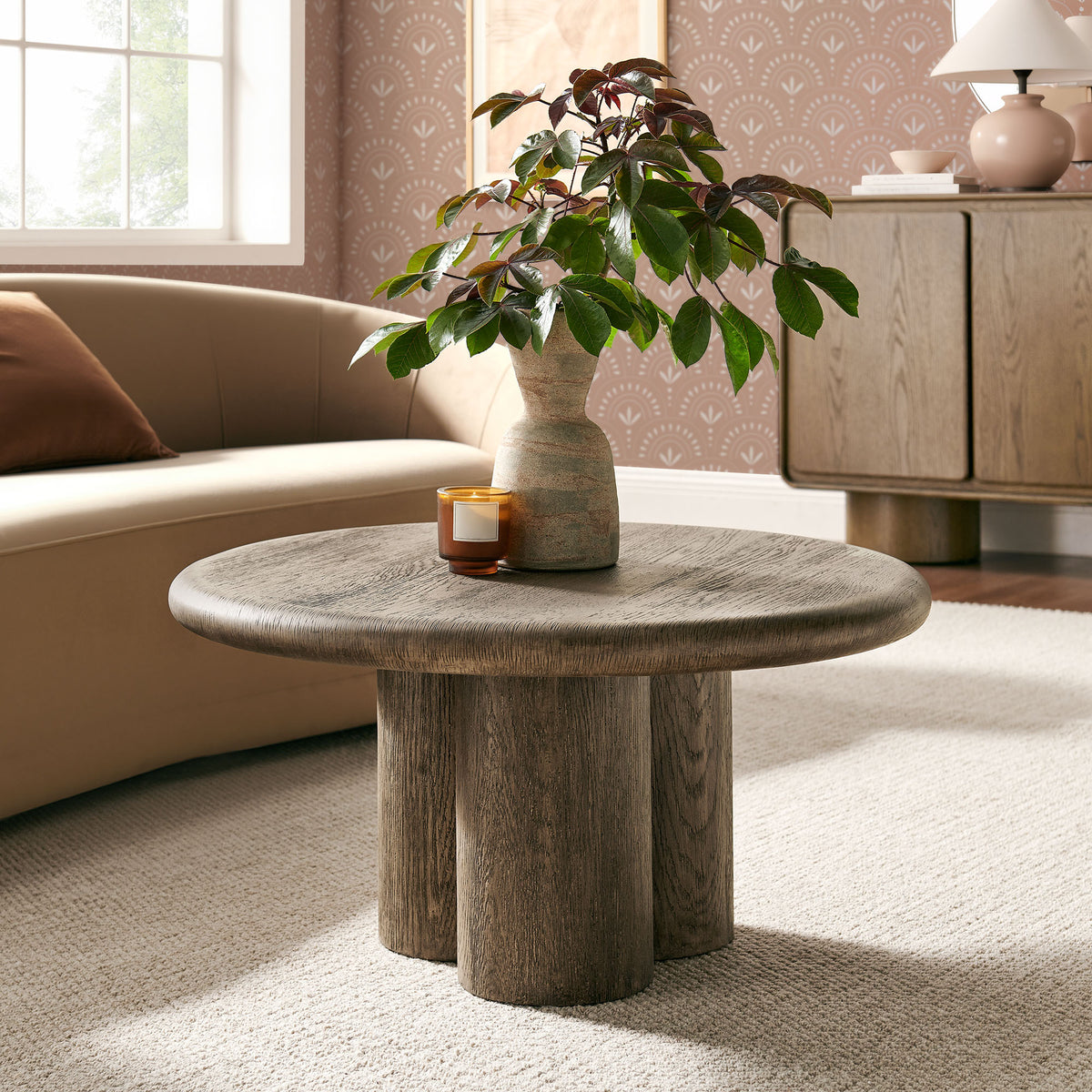 Tori Weathered Walnut 31 Inch Round Indoor and Outdoor Patio Coffee Table - Ornate Home