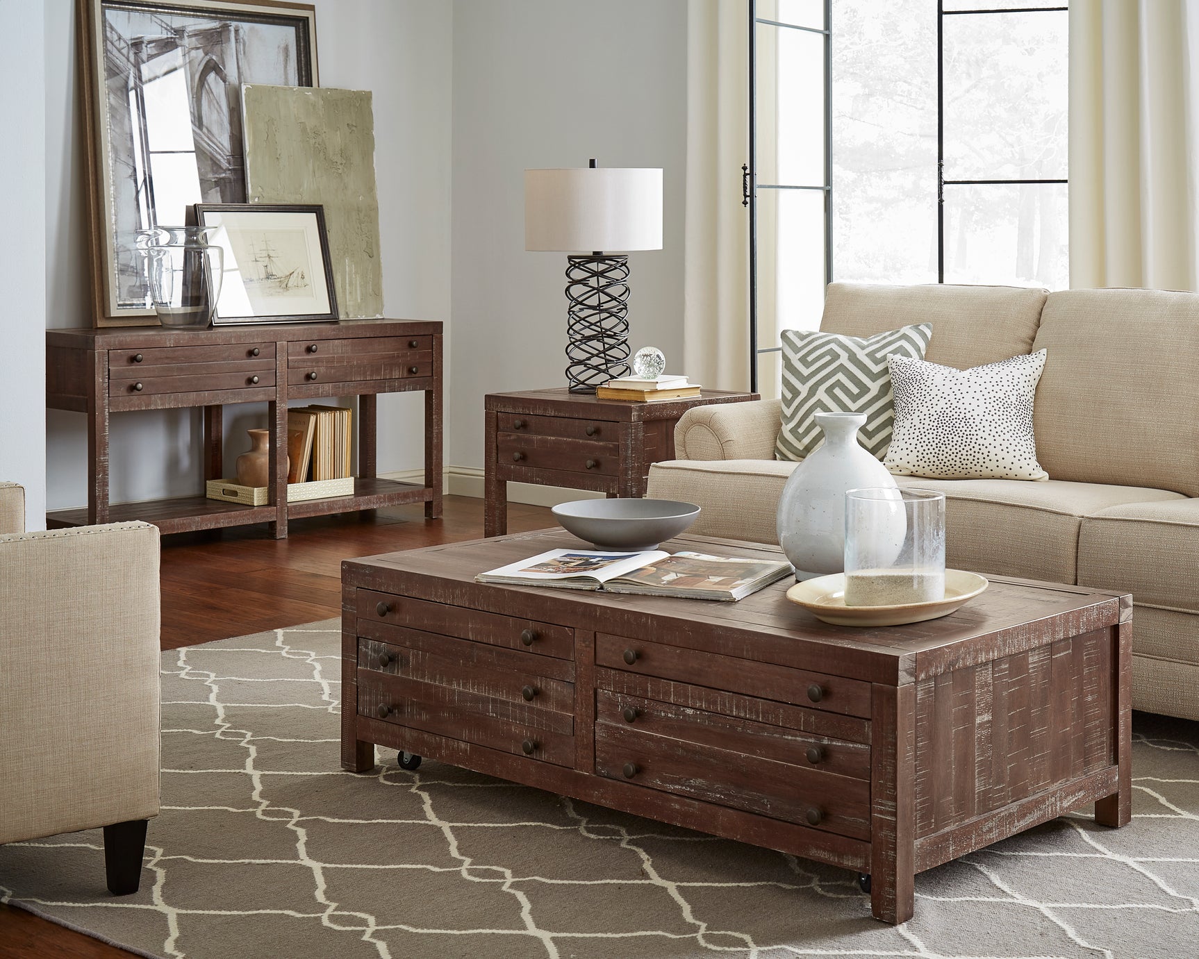 Townsend Solid Wood Castered Coffee Table in Java - Ornate Home