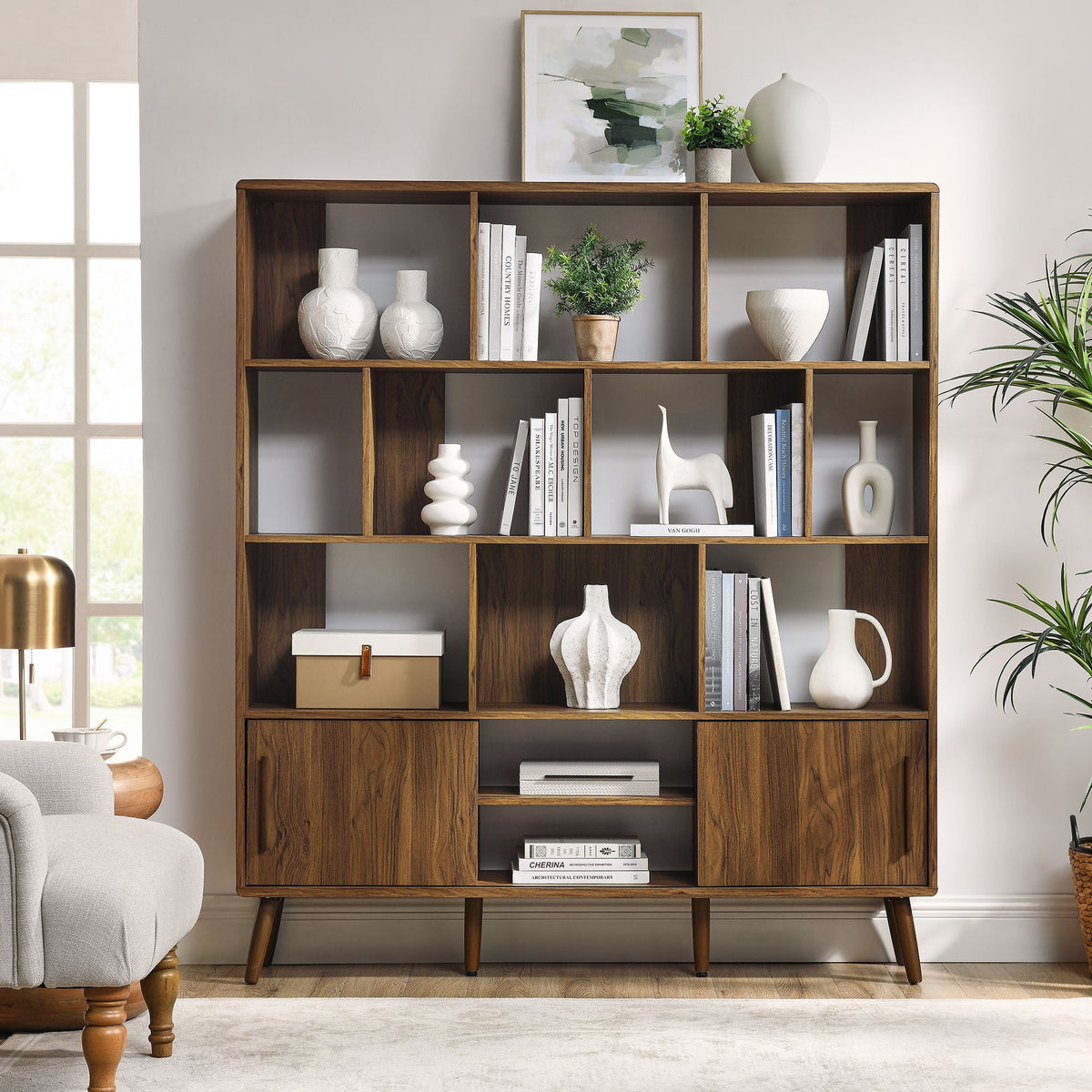 Transmit Walnut 59" Bookcase with Sliding Doors
