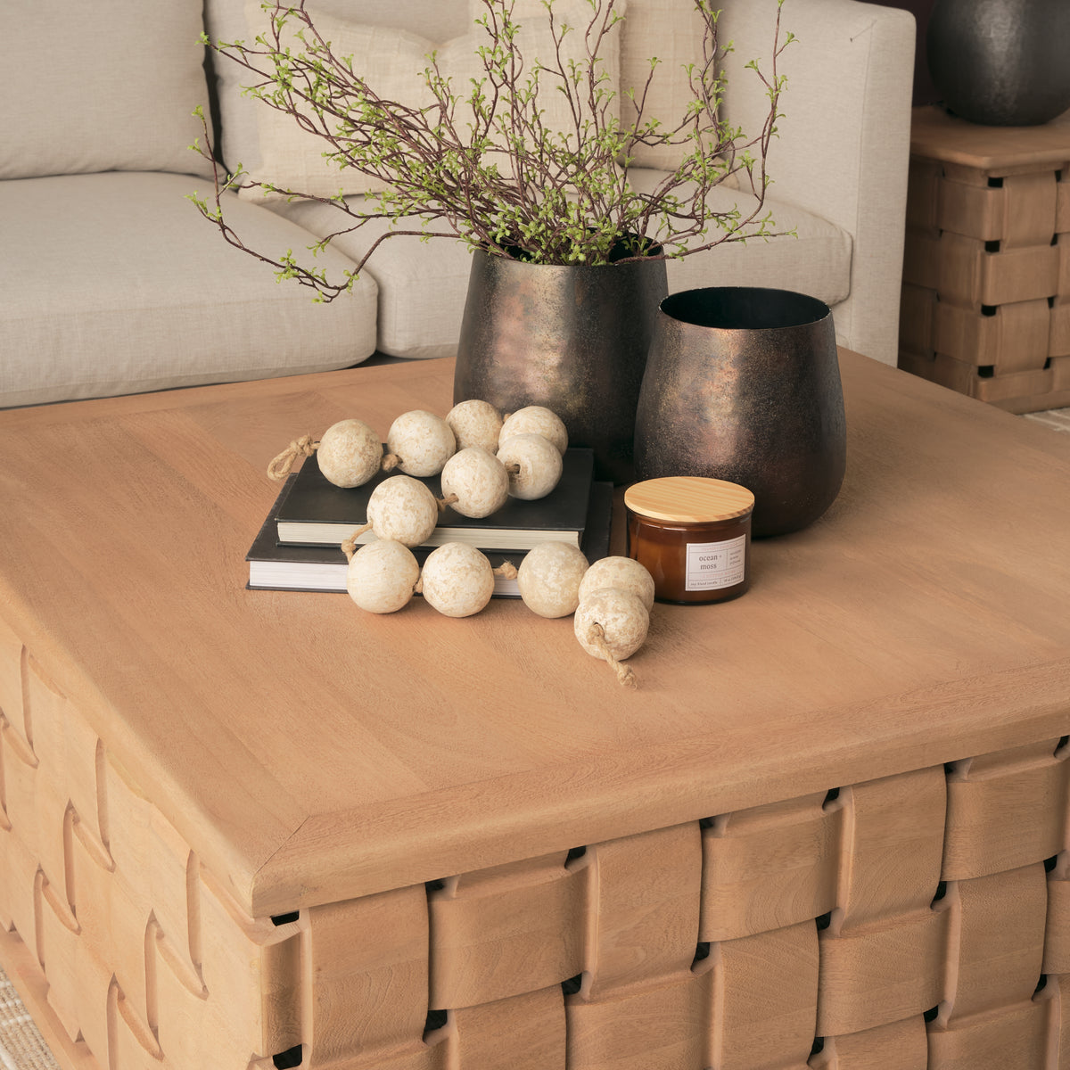 Trellyn Light Brown 48" Wood with Carved Woven Base Square Coffee Table