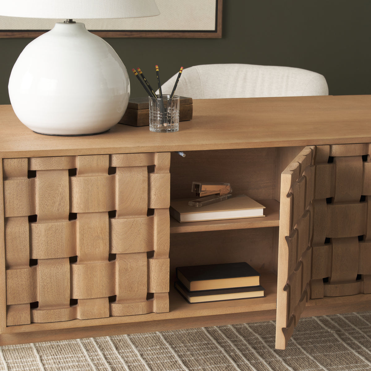 Trellyn Light Brown Solid Wood Carved Woven Desk - Ornate Home