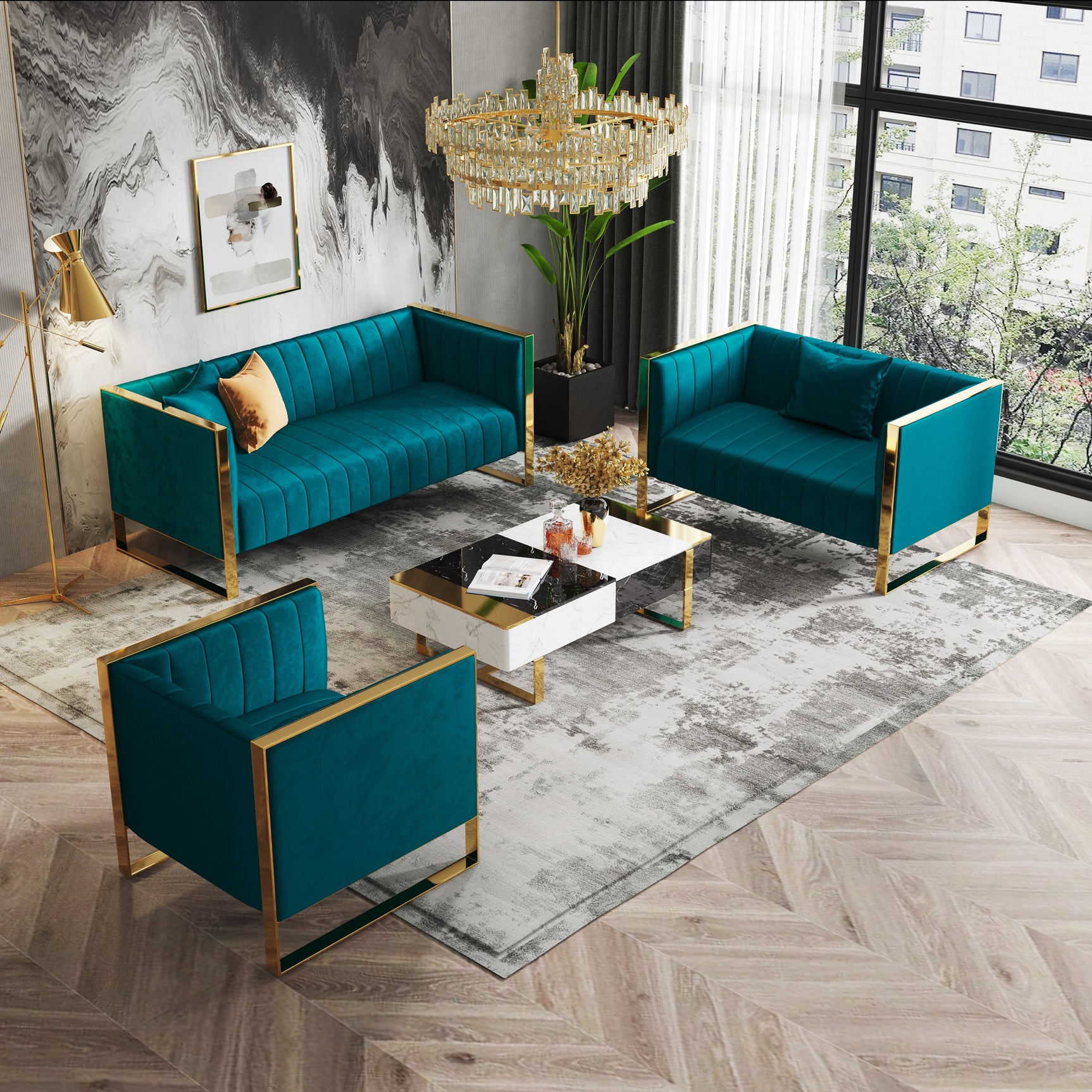 Trillium Sofa and Armchair in Teal and Gold (set of 3) - Ornate Home