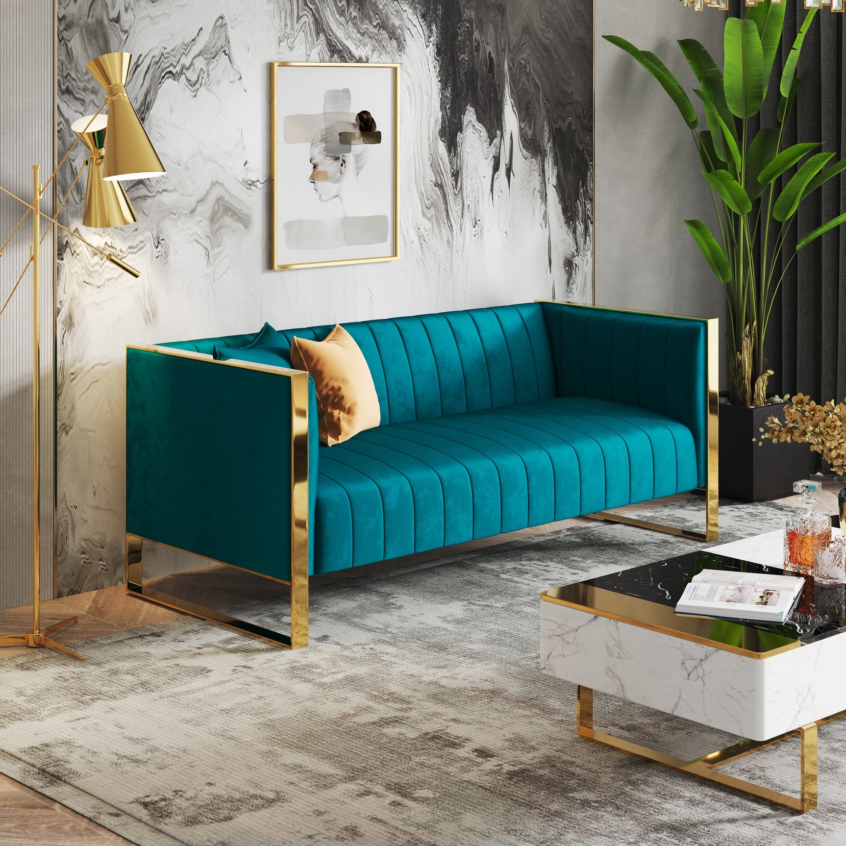 Trillium Sofa in Aqua Blue and Gold - Ornate Home