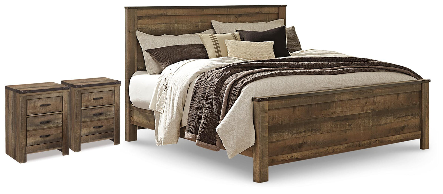 Trinell Brown King Panel Bed and 2 Nightstands - Ornate Home