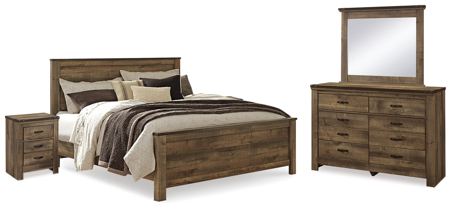Trinell Brown King Panel Bedroom Set with Dresser, Mirror and 2 Nightstands (Online Special Price) - Ornate Home