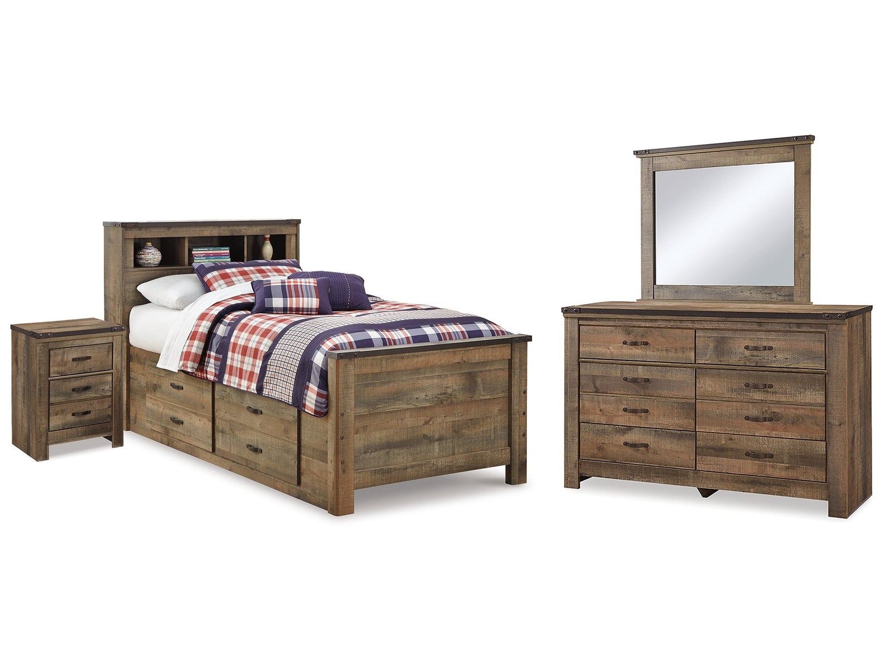 Trinell Brown Twin Bookcase Storage Bedroom Set with Dresser, Mirror and Nightstand (Online Special Price) - Ornate Home