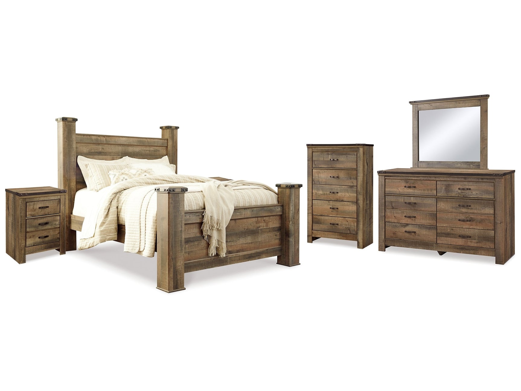 Trinell Nova Queen Poster Bedroom Set with Dresser, Mirror, Chest and 2 Nightstands (Online Special Price) - Ornate Home