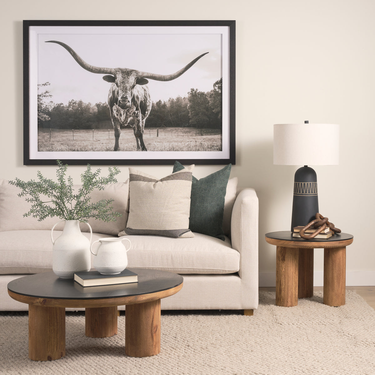 Tucson Natural/Black Wood with Round Oak Top Coffee Table