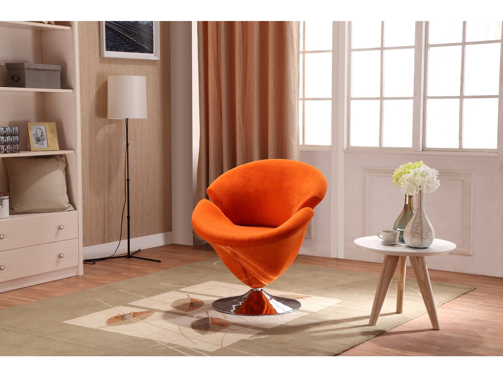 Tulip Swivel Accent Chair in Orange and Polished Chrome (set of 2) - Ornate Home
