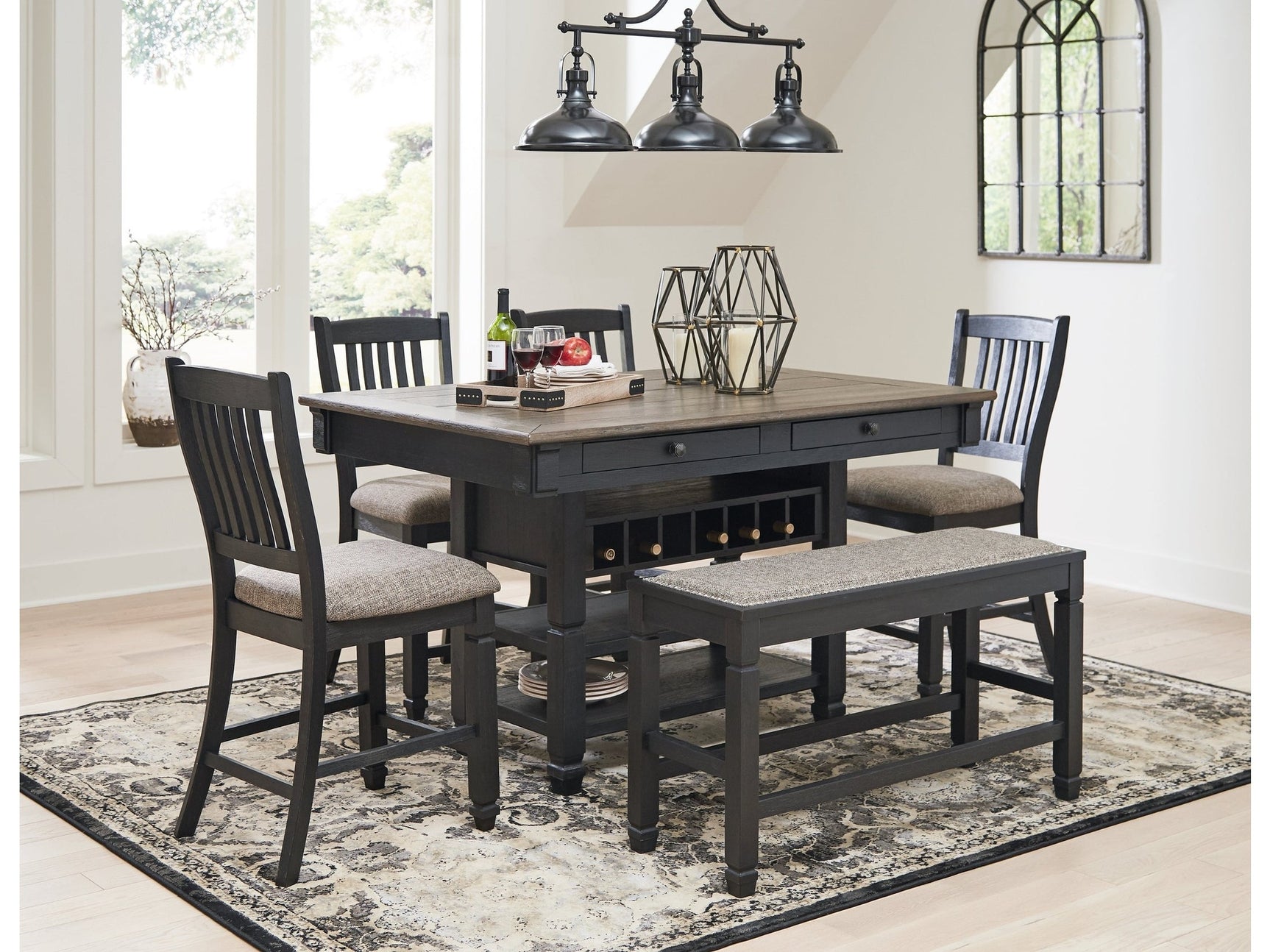 Tyler Creek Black/Gray Counter Height Dining Table and 4 Barstools and Bench (Online Special Price) - Ornate Home