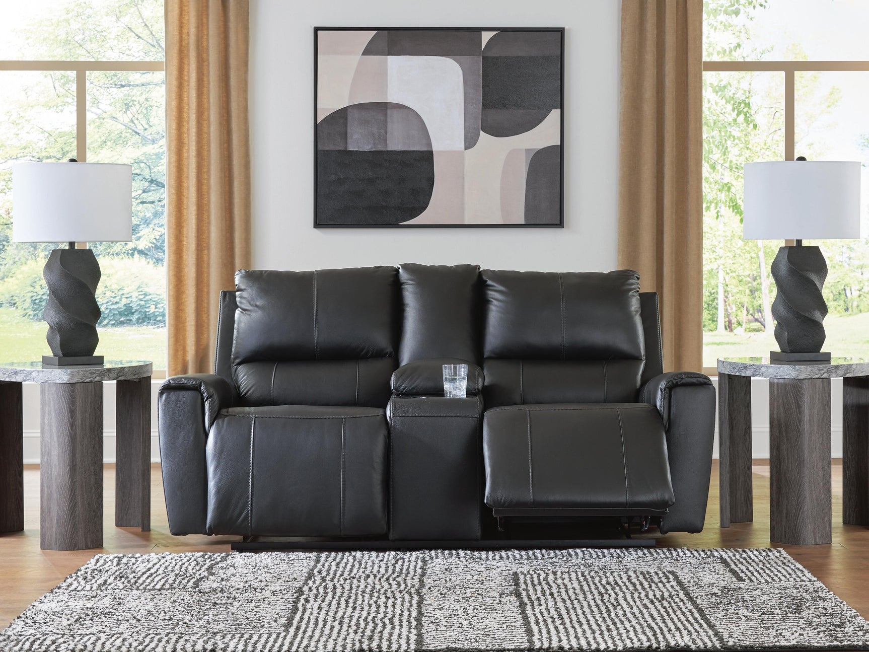 Danemere Black Reclining Loveseat with Console