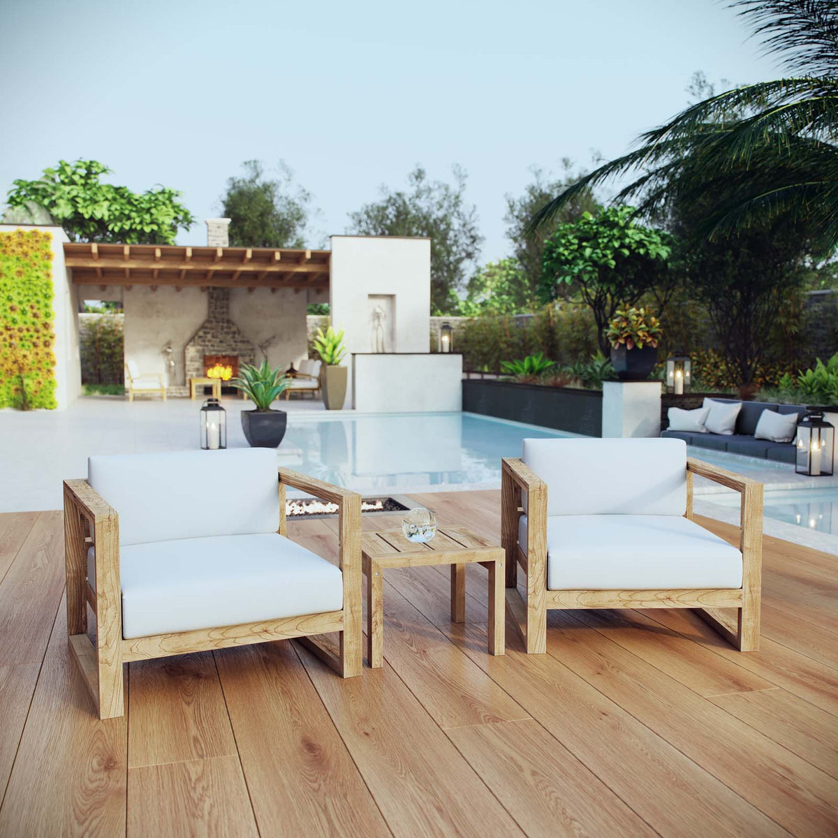 Upland Natural/White 3 Piece Outdoor Patio Teak Set - 34.5x87" - Ornate Home