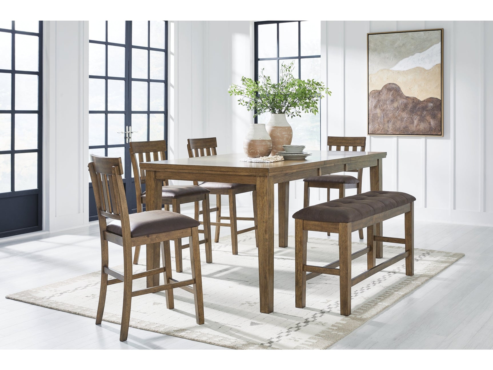 Urbinforte Light Brown Counter Height Extension Dining Table, 4 Barstools and Bench - Ornate Home