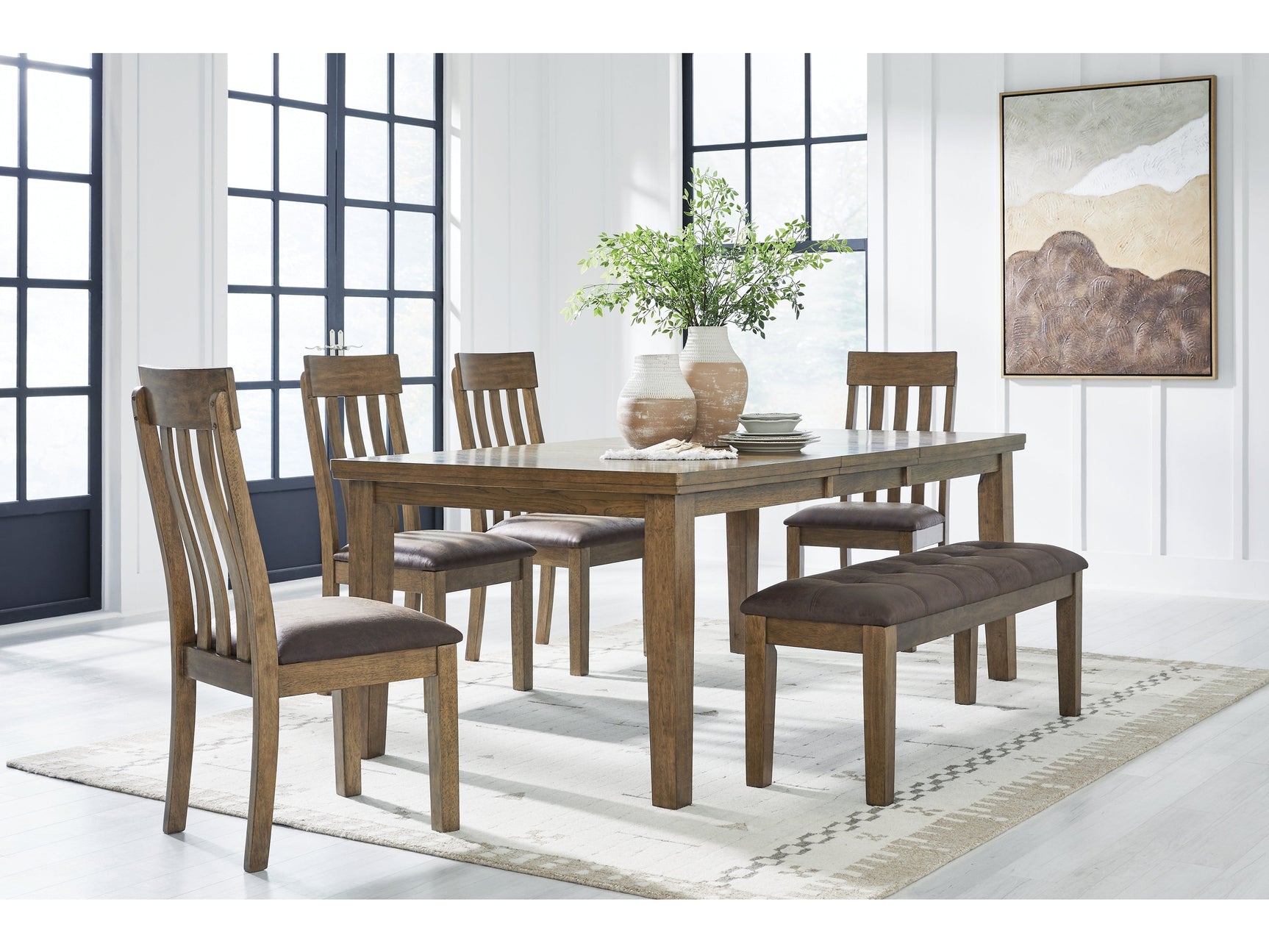 Urbinforte Light Brown Extension Dining Table, 4 Chairs and Bench - Ornate Home