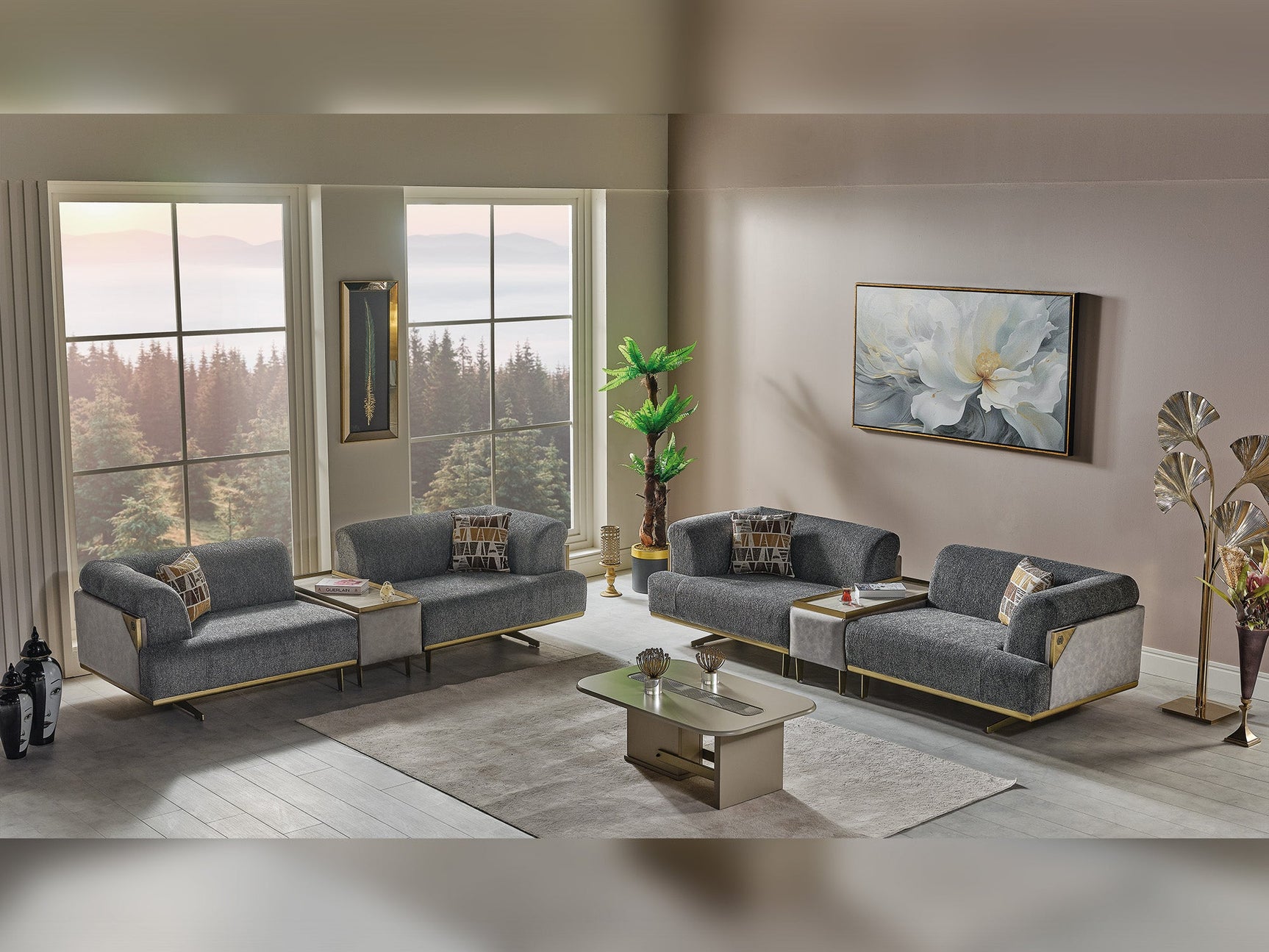 Urla Grey 4-pieces (Sofa & Module Sofa & 2 Chair) Living Room Set