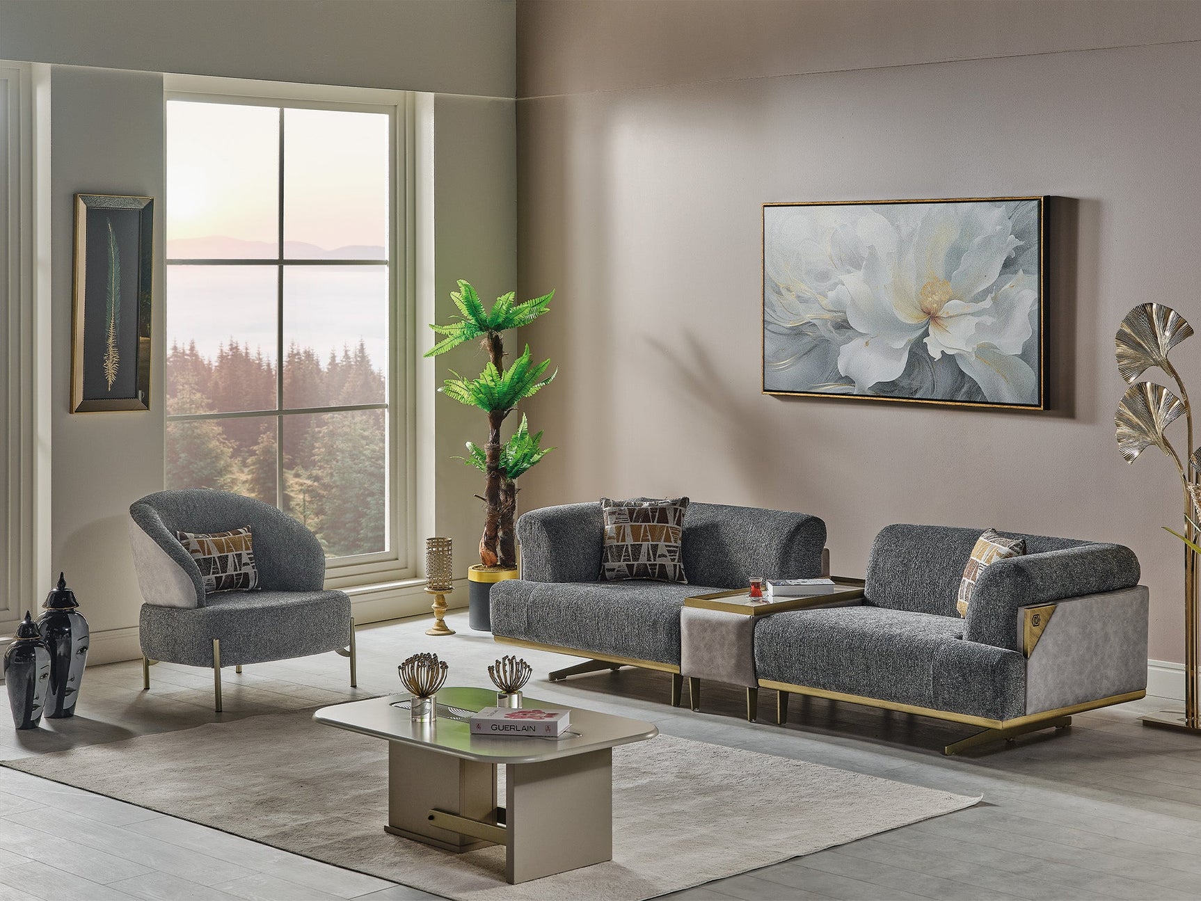 Urla Grey 4-pieces (Sofa & Module Sofa & 2 Chair) Living Room Set