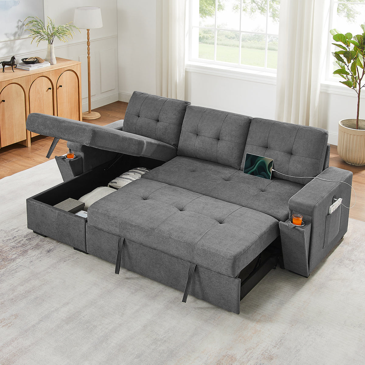 Toby Gray 95"W Woven Fabric Reversible Sleeper Sectional Sofa with Storage Chaise