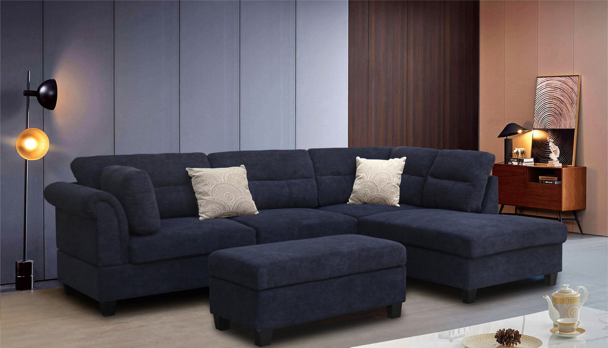 Diego Black 100"W Fabric Sectional Sofa with Right-Facing Chaise & Ottoman
