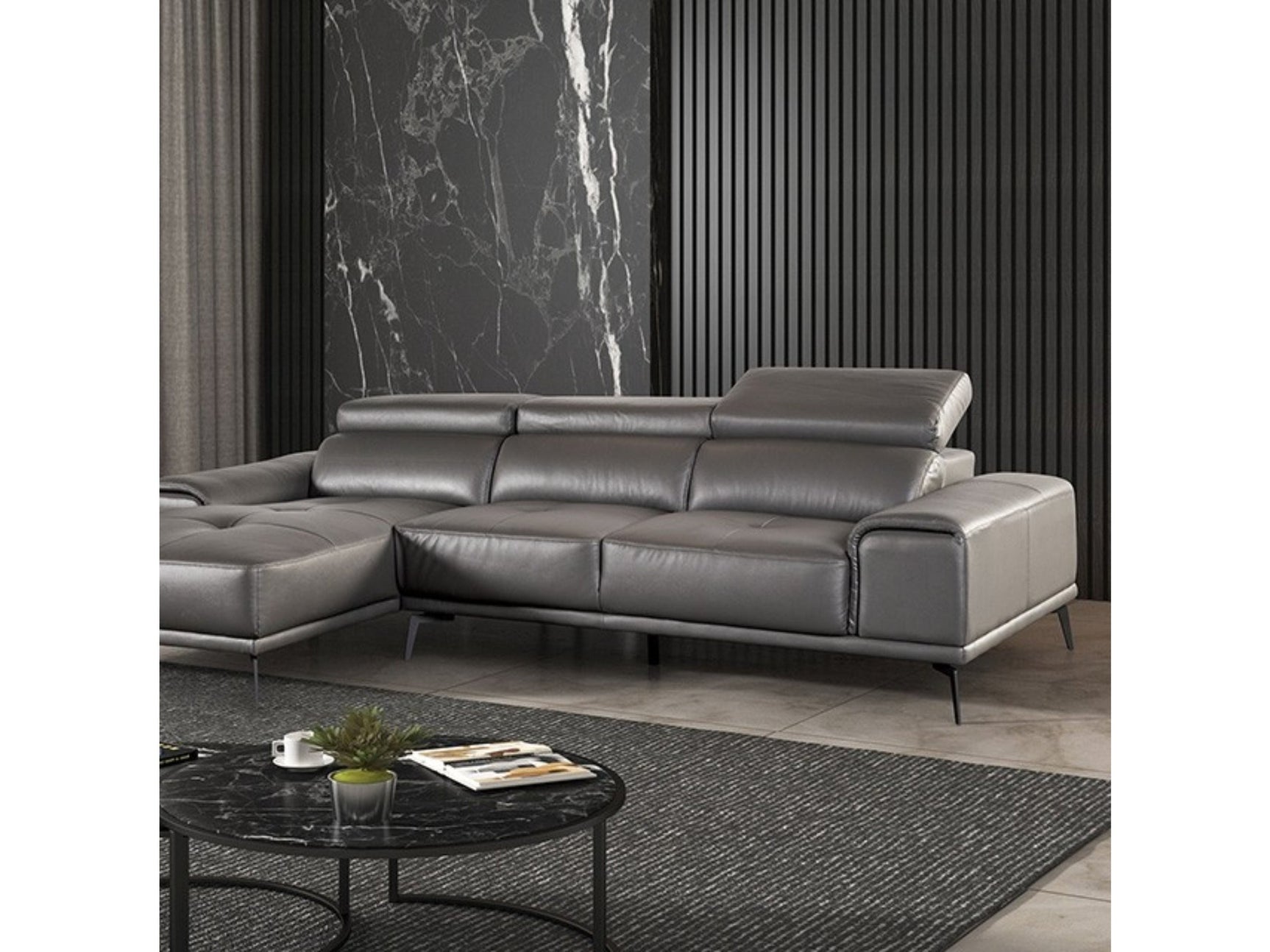 Vadso Dark Gray Leather Match Left Chaise Sectional - Ornate Home