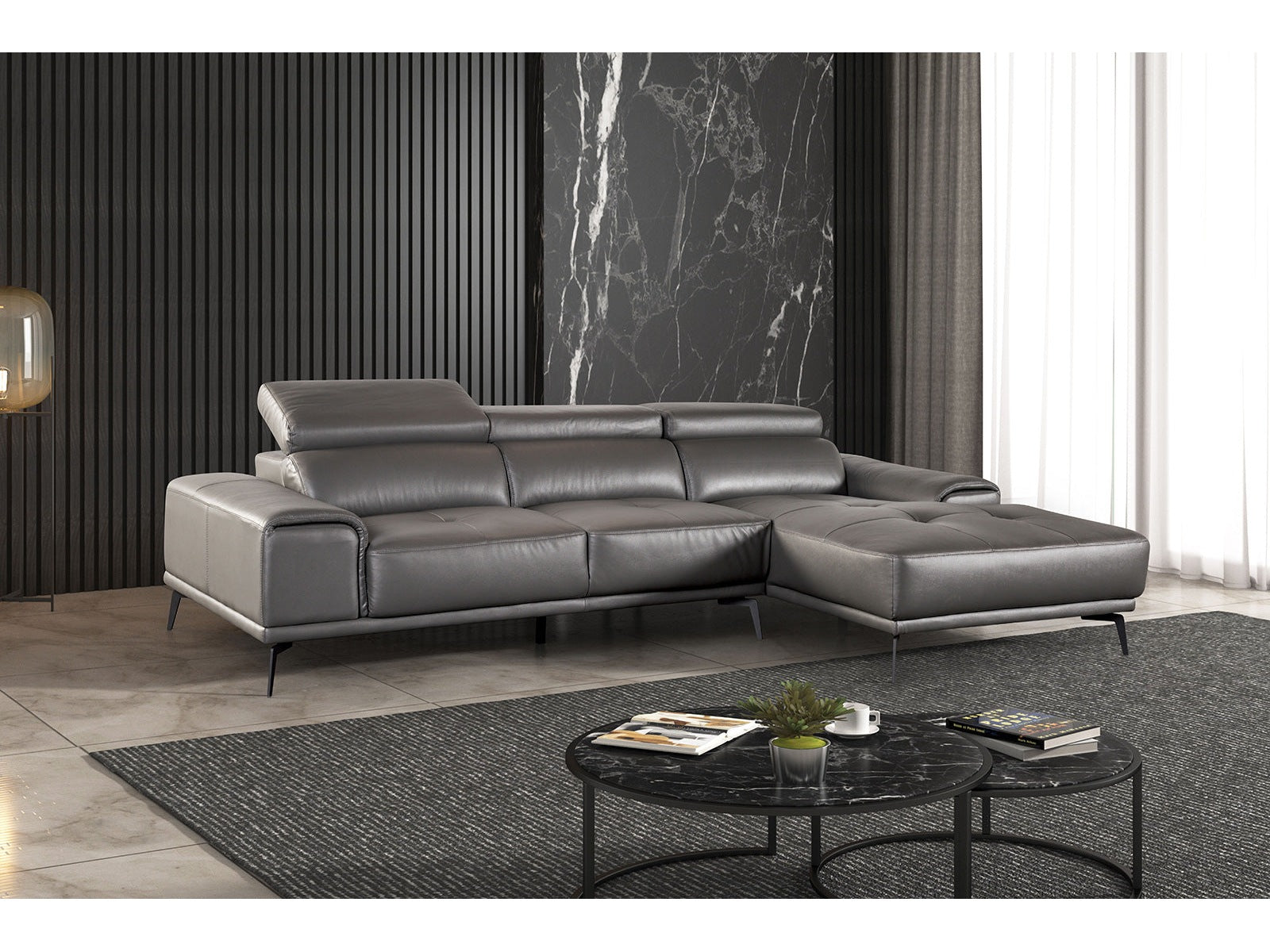 Vadso Dark Gray Leather Match Right Chaise Sectional - Ornate Home
