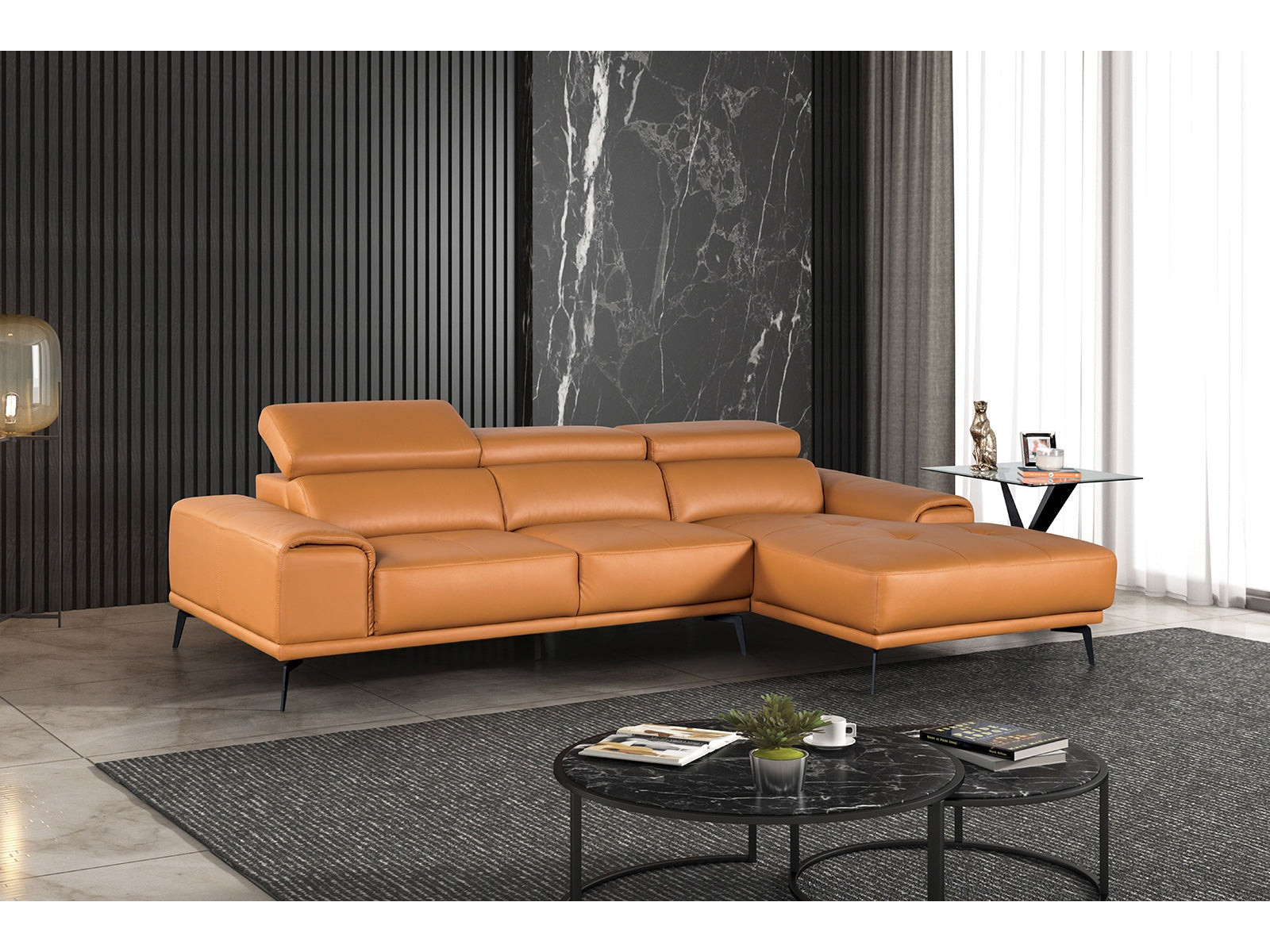 Vadso Tangerine Leather Match Right Chaise Sectional - Ornate Home