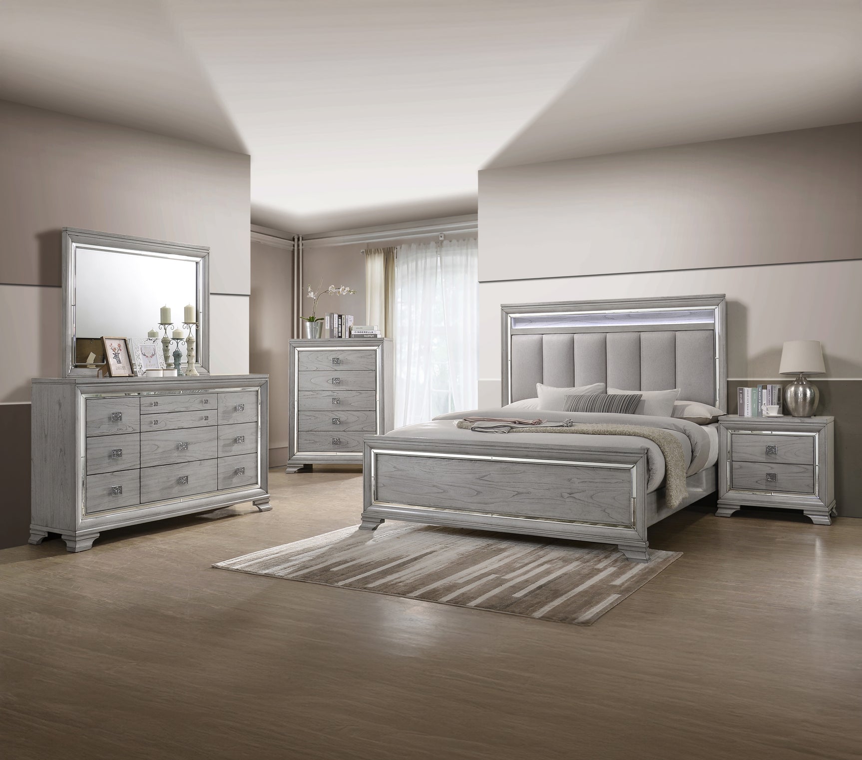 Vail Gray LED Upholstered Panel Bedroom Set - Ornate Home