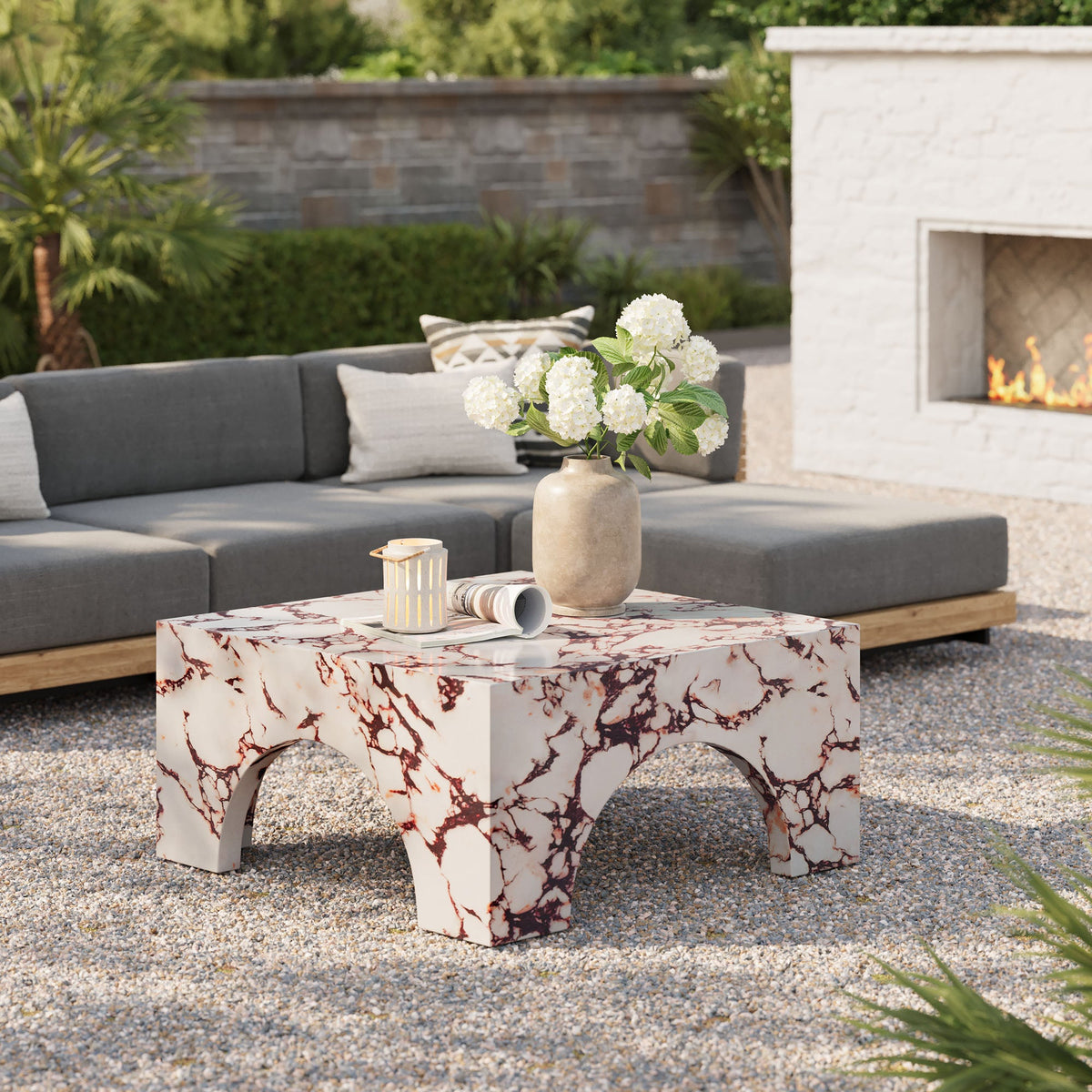 Valen Red Marble Indoor - Outdoor Patio Arched Concrete Coffee Table - Ornate Home