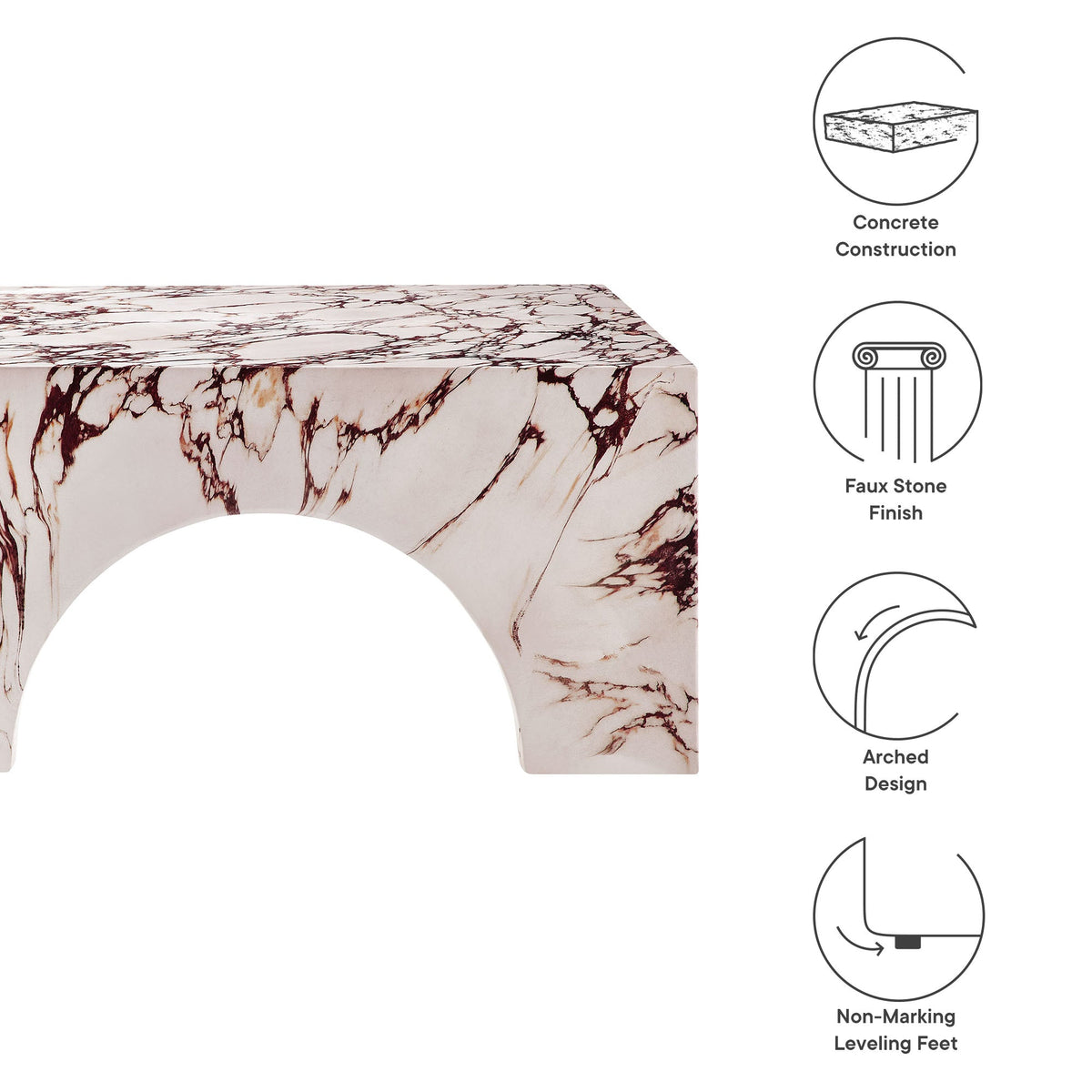 Valen Red Marble Indoor - Outdoor Patio Arched Concrete Coffee Table - Ornate Home