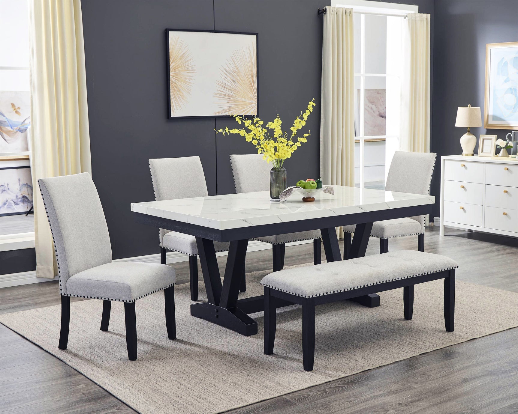 Vance Gray/Charcoal Faux Marble Top Dining Set - Ornate Home