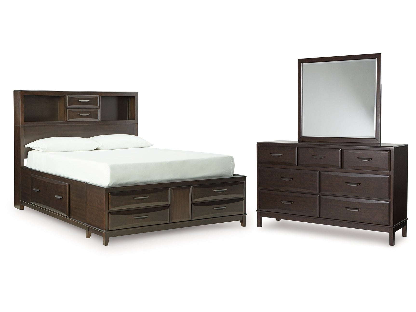 Vanmore Dark Brown Queen Storage Bed, Dresser and Mirror - Ornate Home
