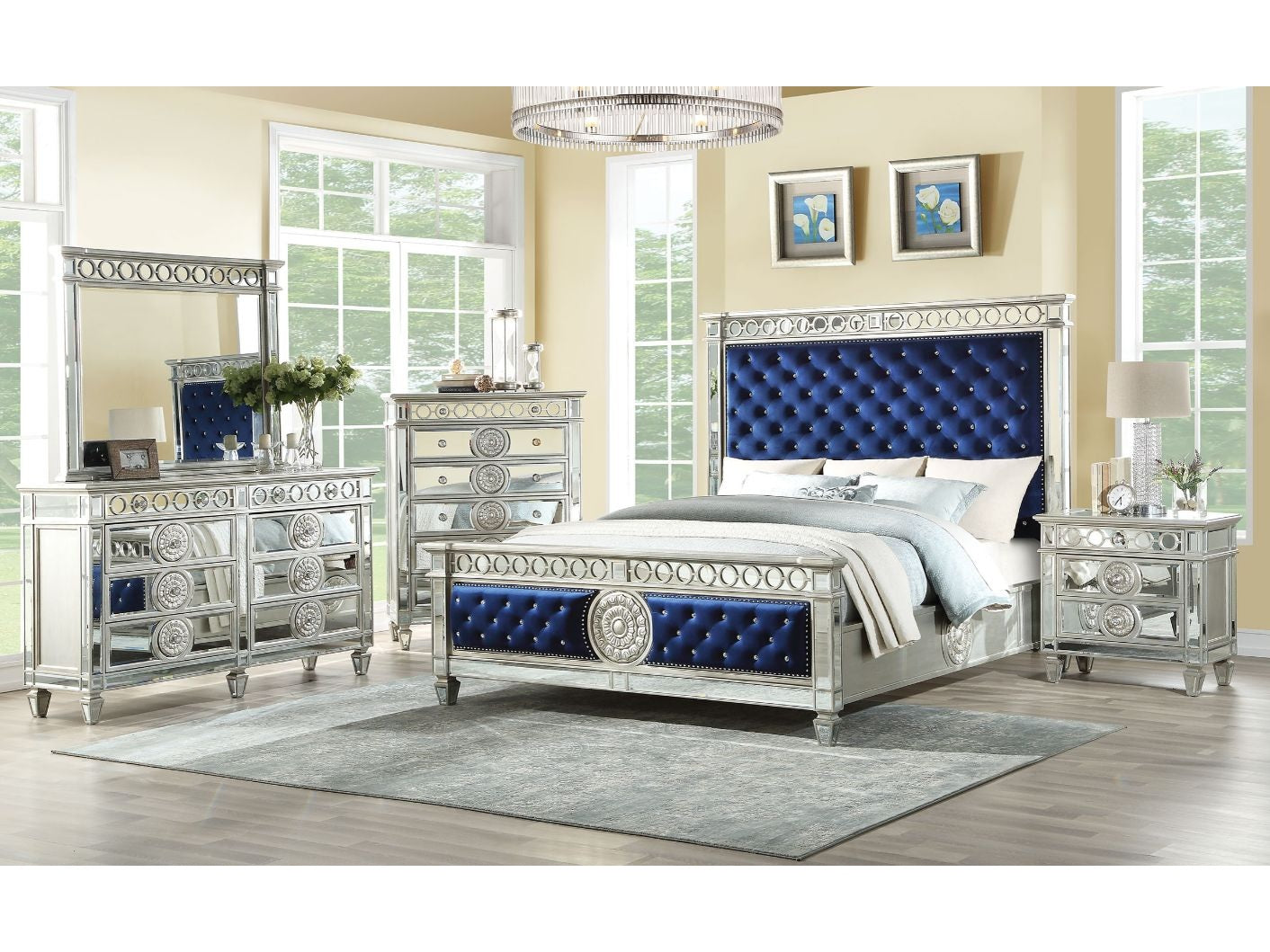 Varian Blue Velvet & Mirrored Queen Bed - Ornate Home