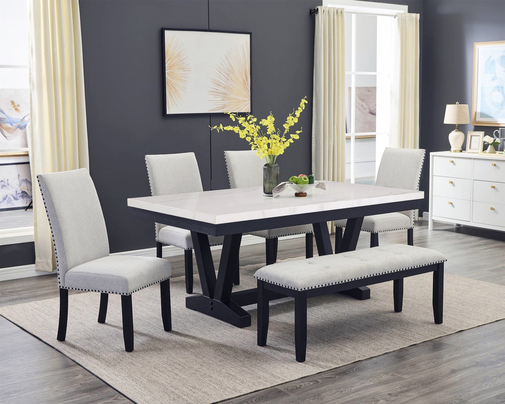 Varley Gray/Charcoal Genuine Marble Top Dining Set - Ornate Home
