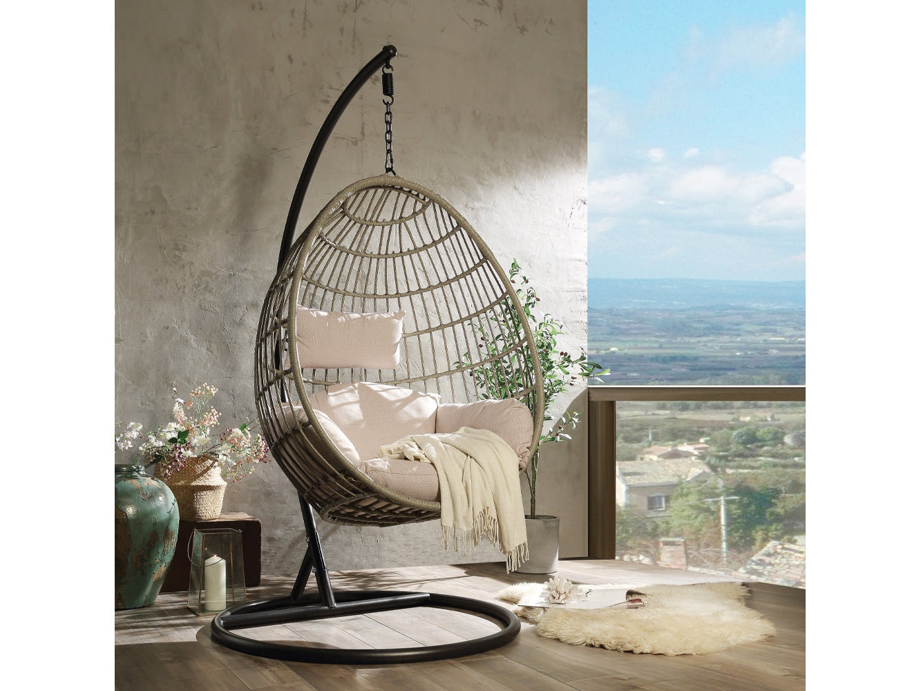 Vasant Beige & Brown Patio Swing Chair w/ Stand - Ornate Home